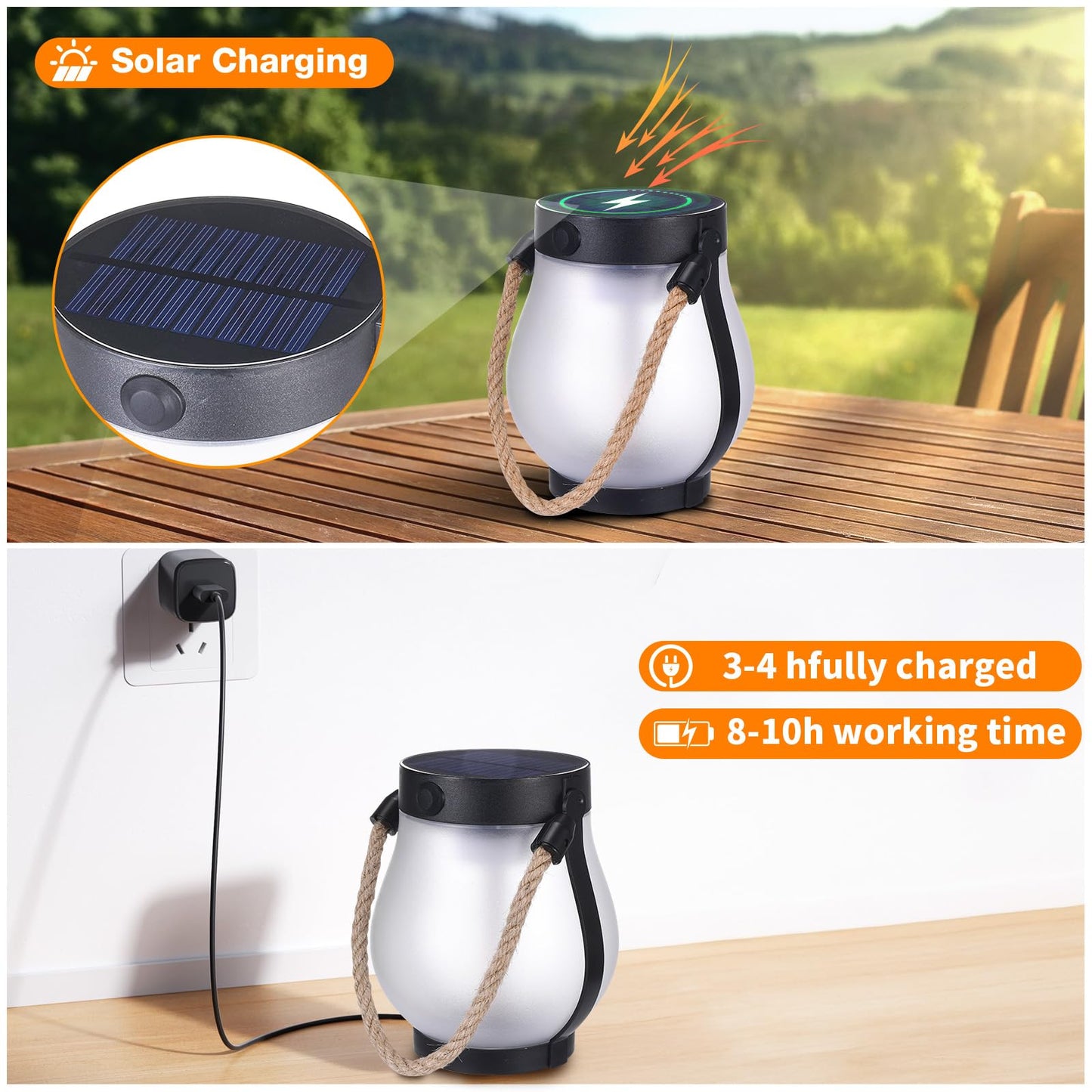 2 Pack Solar Flame Lantern Lights — Flickering Flame Hanging Lanterns Outdoor, Waterproof Garden Lights with 2 Modes Dual Charging USB & Solar Yard, Patio Decor