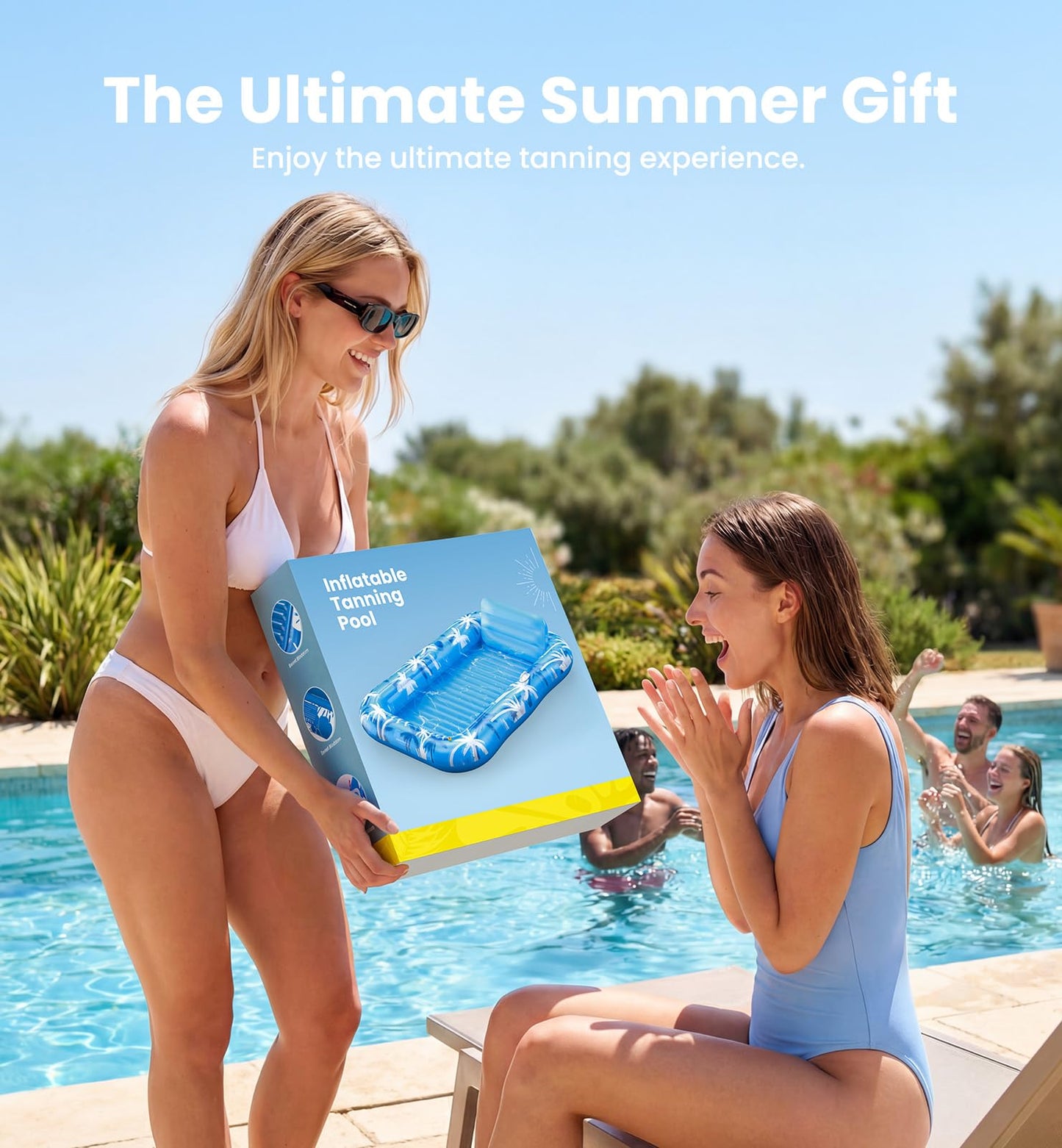 Inflatable Tanning Pool Lounger Float with Sprinkler, X-Large Pool Floats with Auto Spray Cooling, 6 in 1 Sunbathing Lounge Floatie Raft Toys, Blow Up Pool Tanning Bed for Adults Kids Gifts