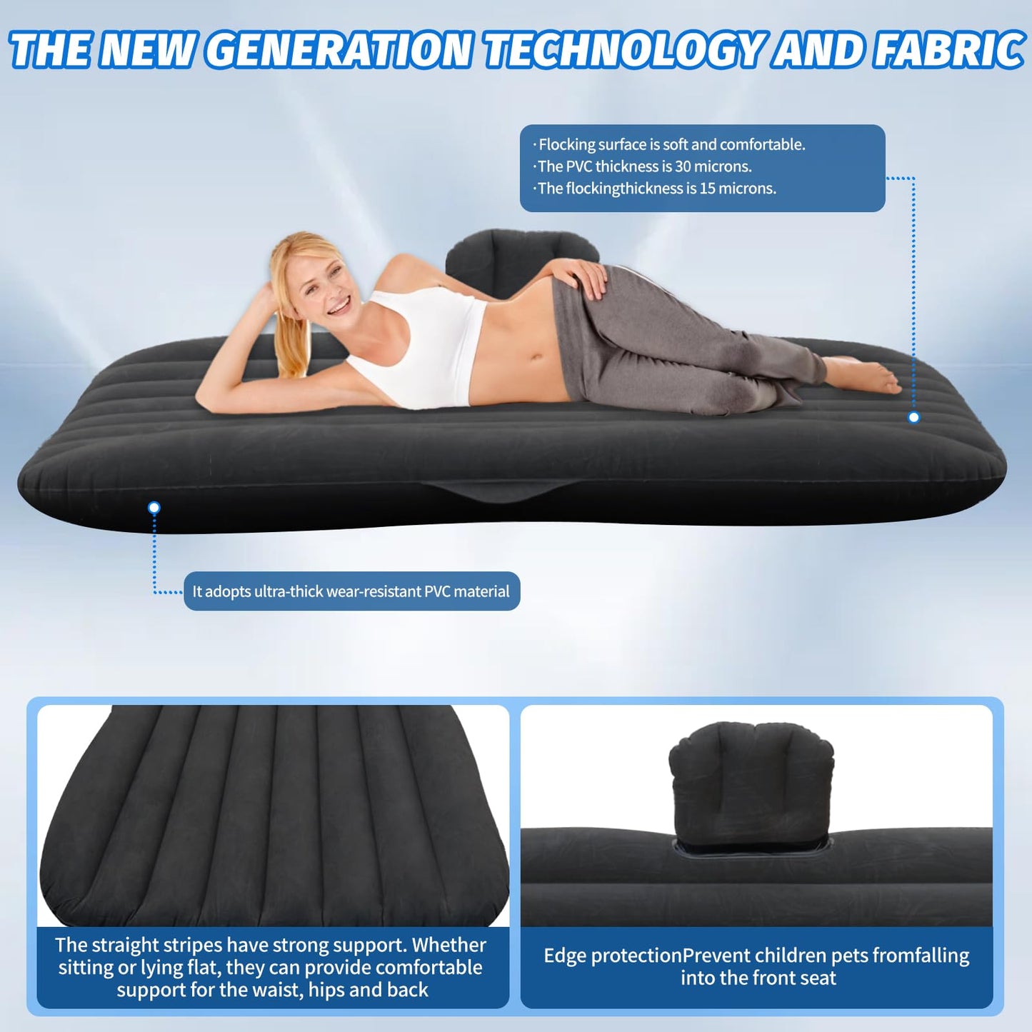 Onirii Inflatable Car Air Mattress Back Seat Bed with Air Pump,55" (L) x 35" (W) Portable Thickened Car Travel Camping Sleeping Air Mattress Blow Up Bed for Mid-Size,Full-Size Car SUV