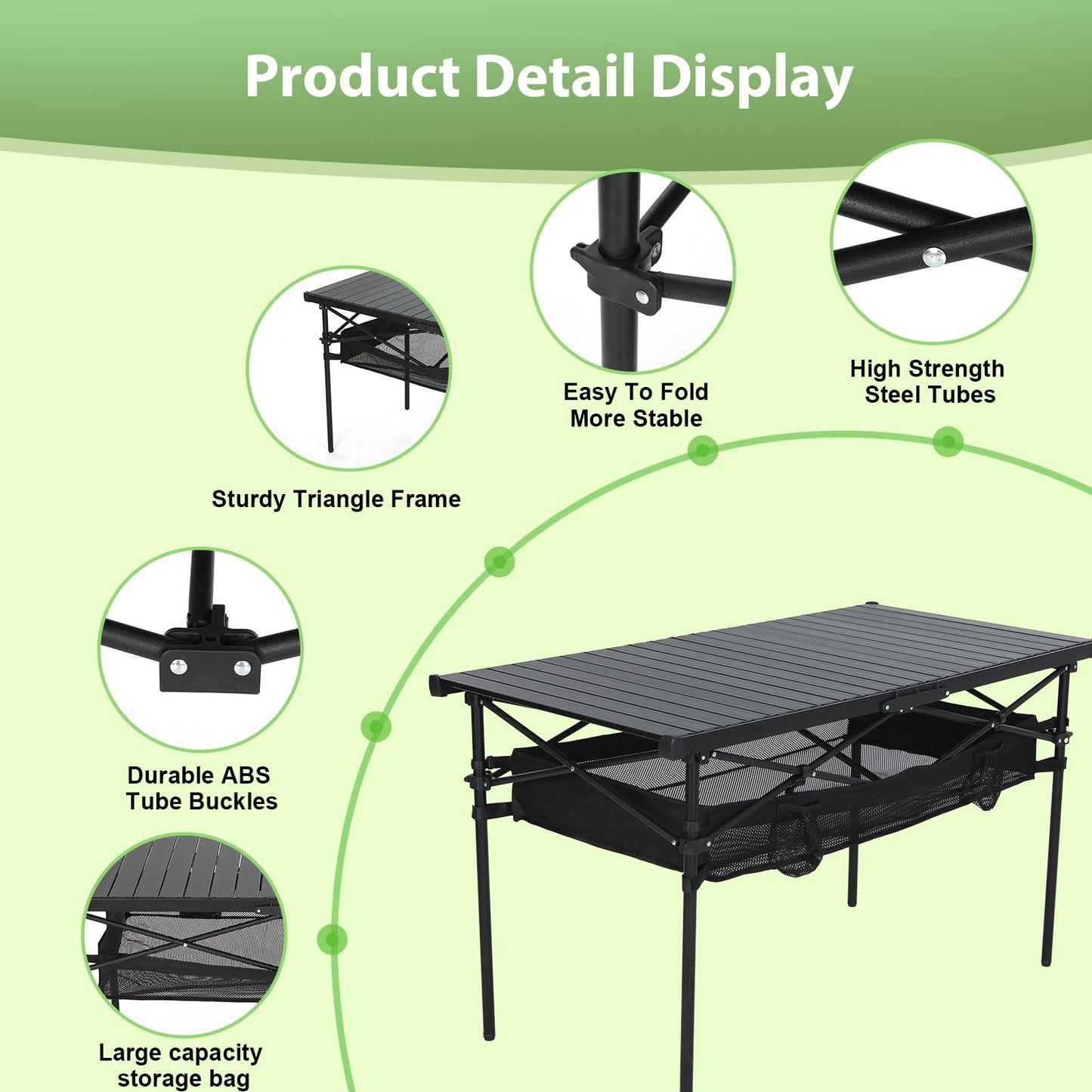 Nice C Portable Folding Camping Table, Aluminum Lightweight Roll-up Top Indoor&Outdoor Collapsible Table, with Mesh Net, Cup Holder, Carry Bag, Steel Frame, for Camping, Sports, BBQ, Picnic (Black)