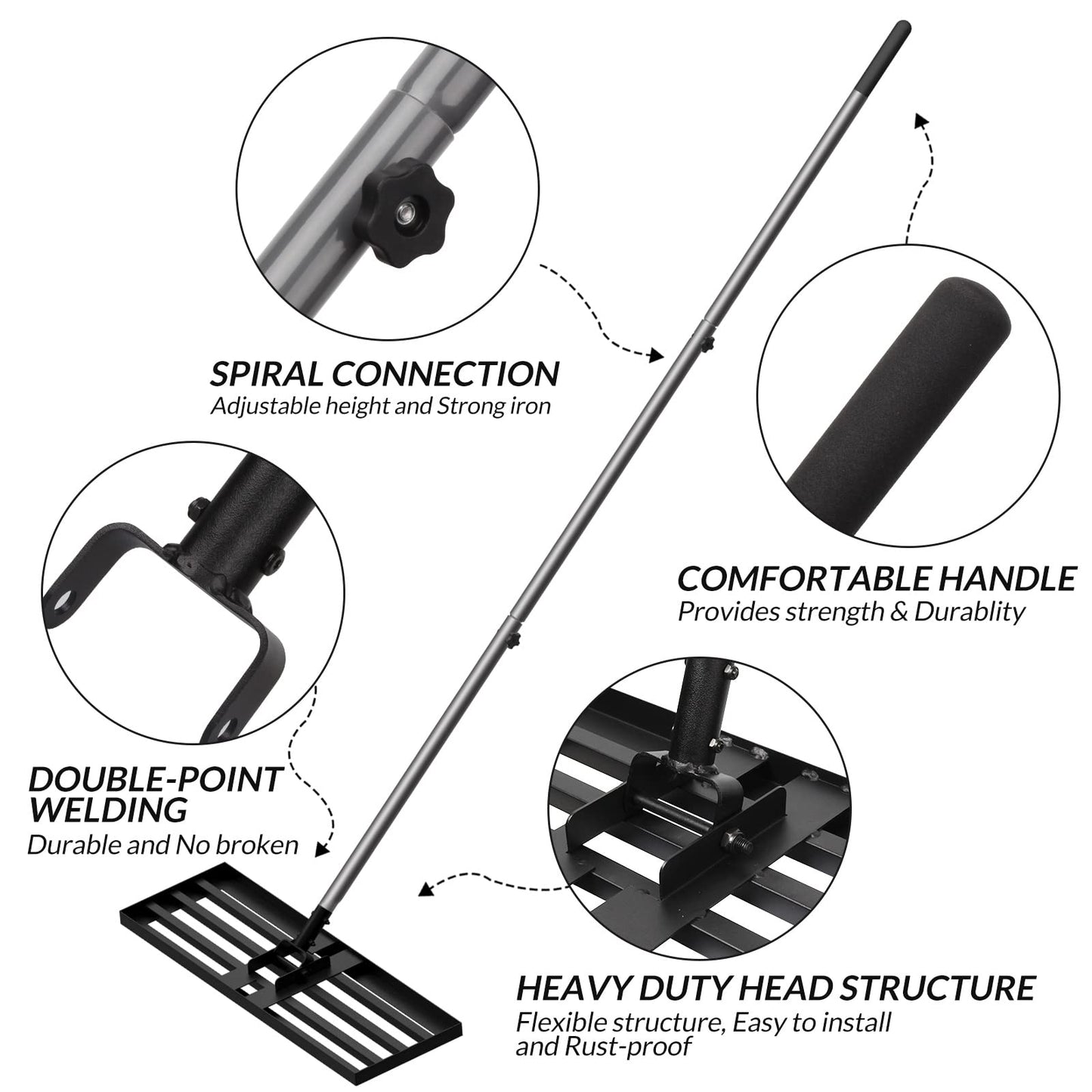 Walensee Lawn Leveling Rake, Levelawn Tool, Heavy Duty Effort Saving Lawn Level Tool, Steel Handle Lawn Leveler for Yard Garden Golf Course , Ease Level Soil Sand Dirt Surfaces, 7FT 45"x10"