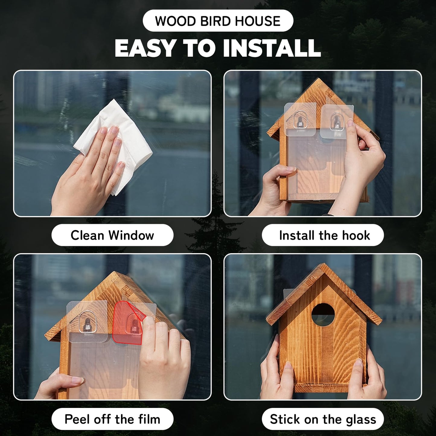 Window Bird Houses for Outside with 2 Powerful Hooks, Clear Window Bird House for Viewing Inside, Hanging Wooden Birdhouses to Paint for Outdoors, Bird Nesting Box for Bluebird Finch Chickadee