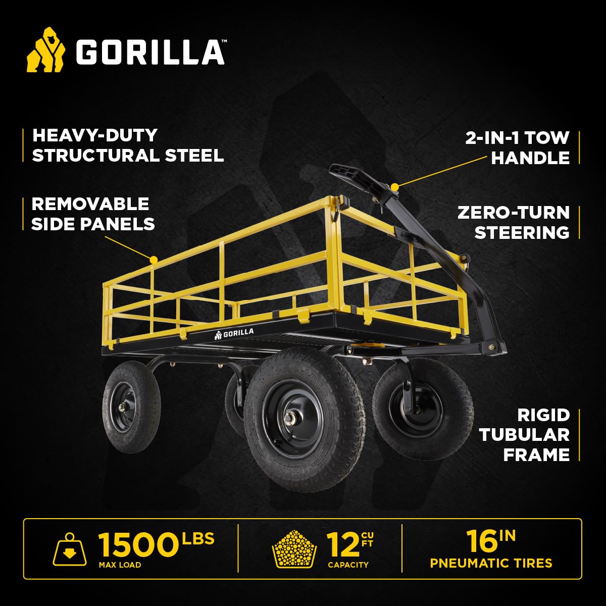 Gorilla Carts 1,400 lb Steel Utility Garden Cart, Heavy Duty 4-Wheel Yard Cart with Convertible 2-in-1 Handle & Removable Sides, 12 cu ft, Black/Yellow