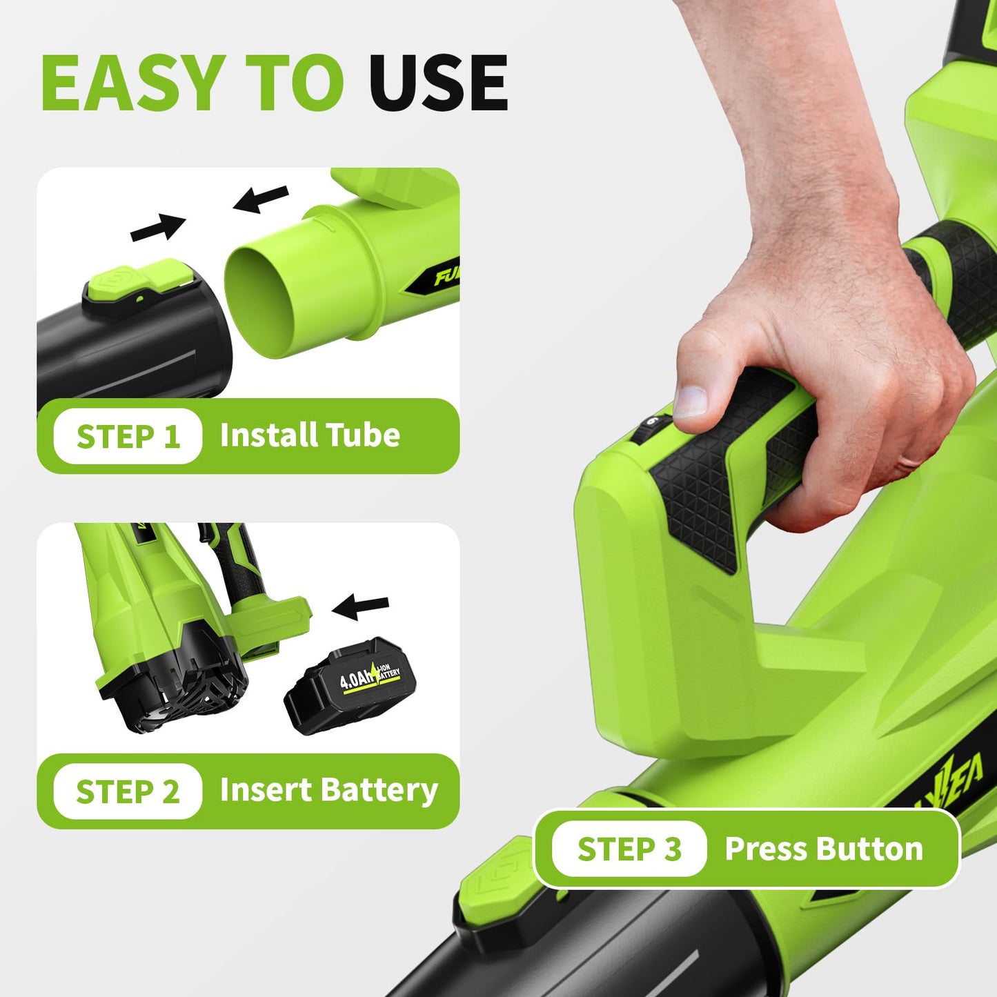 FULLYEA Cordless Leaf Blower 650CFM/180MPH, 21V Electric Leaf Blower with 3 Tubes & 2 x 4.0Ah Batteries, 6 Speed Modes, Battery Powered Leaf Blowers for Cleaning Patio, Yard, Garage, Lawn (Green)