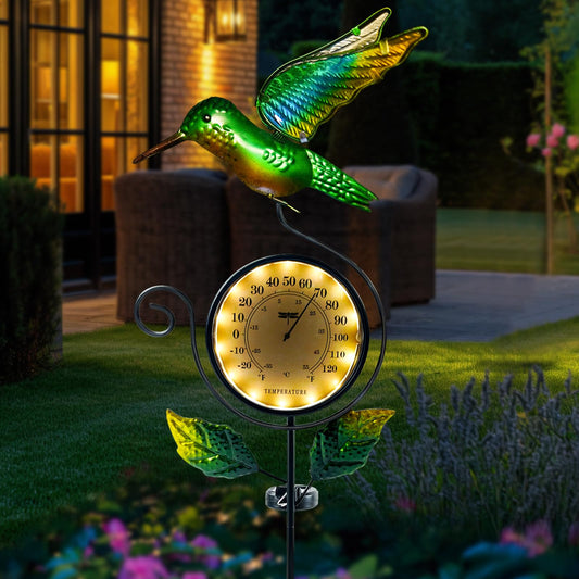 HONGLAND Outdoor Thermometer with Solar & Warm LED Lights, Metal Hummingbird Temperature Stake for Garden, Lawn, Patio, Waterproof Yard Decor
