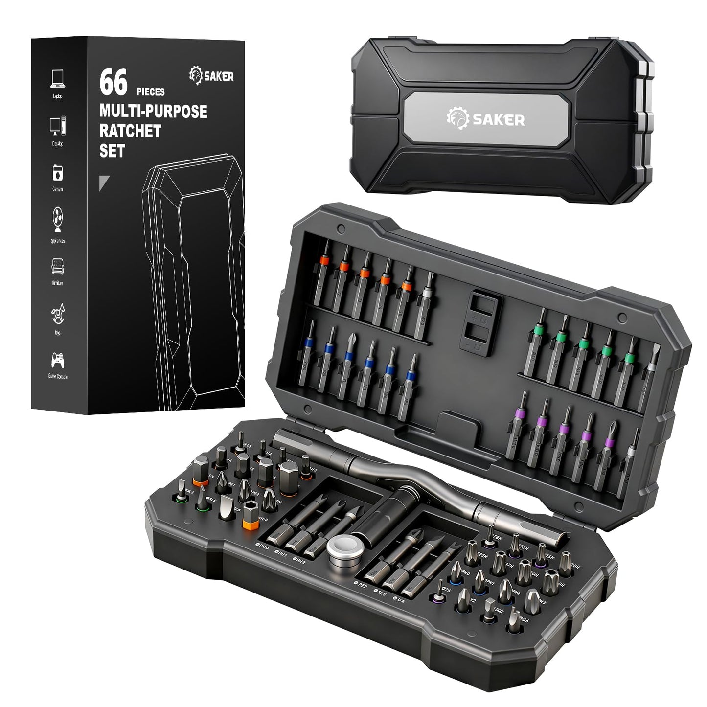 Saker 66 in 1 Magnetic Screwdriver Set Portable Multi Bit Ratcheting Screwdriver Kit with Detachable Handle for Home Electronics,Computer,Furniture, Bike,DIY,Gifts