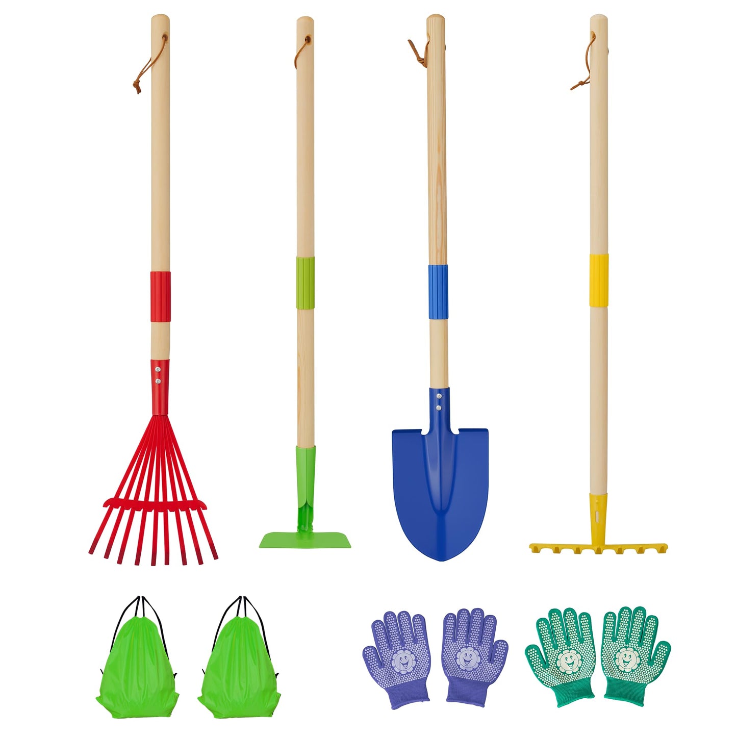 4-Piece Garden Tool Set with Shovel, Rake, Hoe, Leaf Rake - 2 Pairs of Gloves & 2 Storage Bags, Wooden Gardening Tools for Yard & Lawn Care