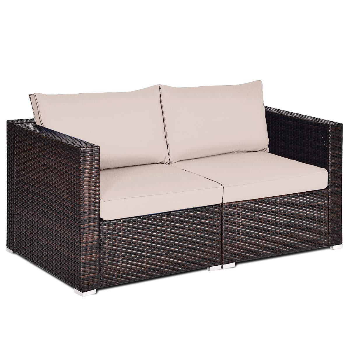 Tangkula Wicker Loveseat 2 Piece, Patio Furniture Couch with Removable Cushions, Rattan Loveseat Sofa for Balcony, Deck, Garden and Poolside