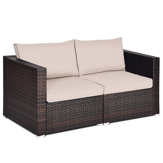 Tangkula Wicker Loveseat 2 Piece, Patio Furniture Couch with Removable Cushions, Rattan Loveseat Sofa for Balcony, Deck, Garden and Poolside