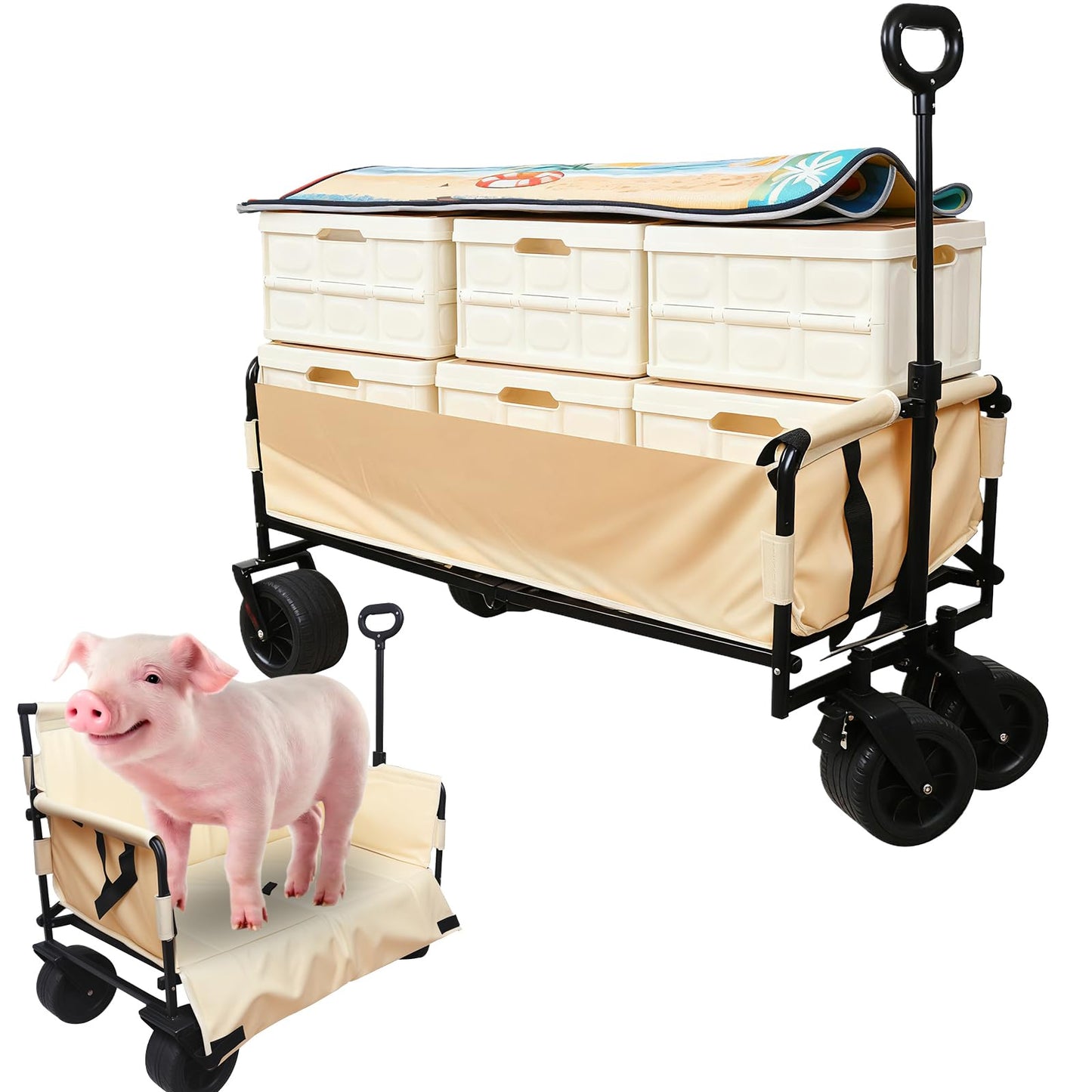 Collapsible Folding Wagon, Foldable Beach Wagon Cart with 300L Storage Collapsible 330LBS Folding Cart Adjustable Handle, Outdoor Utility Wagon for Groceries, Camping, Sports, Shopping