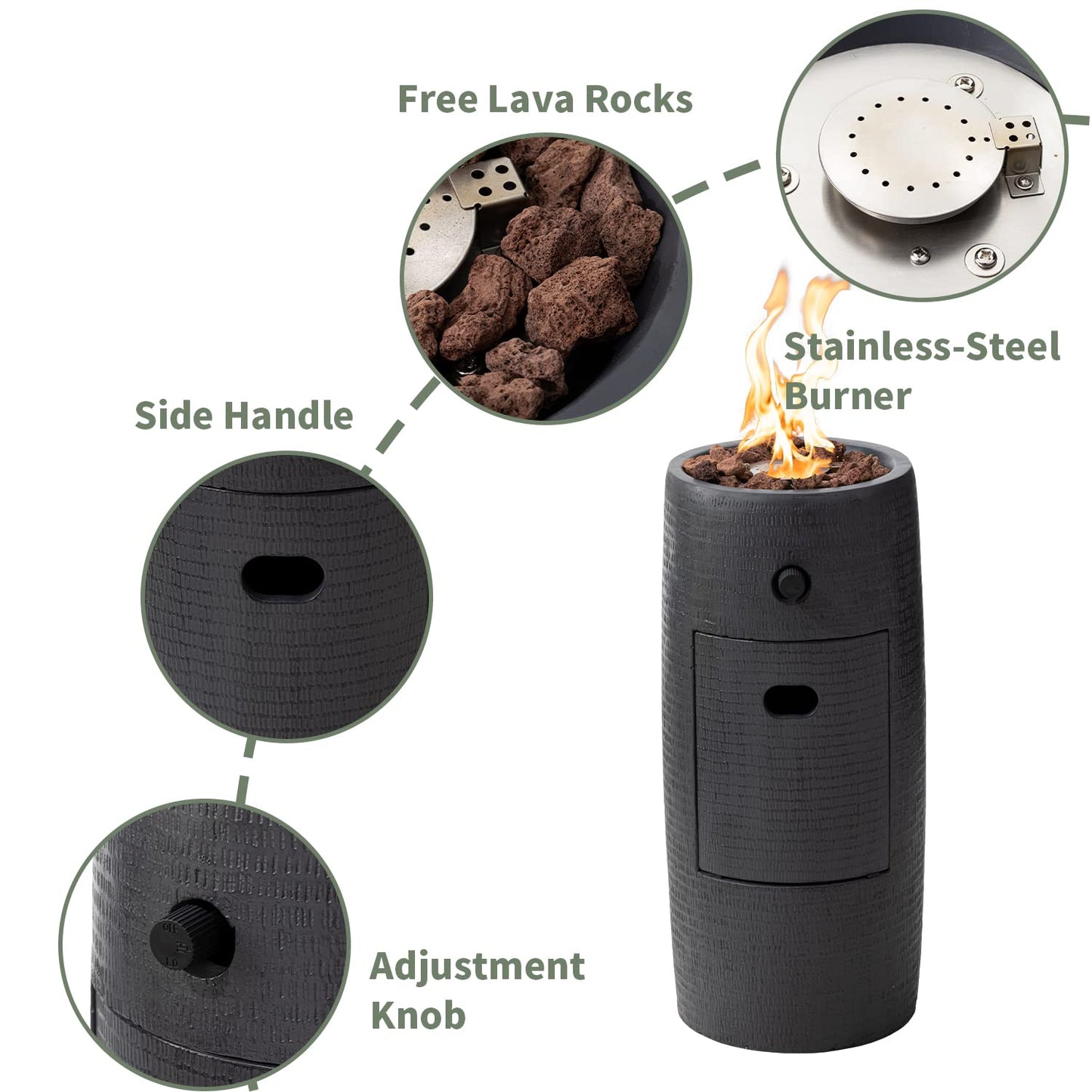 COSIEST Outdoor Propane Fire Pit Table w Compact Ledgestone 11-inch Round Graphite Base, Certified, 40,000 BTU, Free Lava Rocks, Touch-up Pen, Fits 20lb (Black)