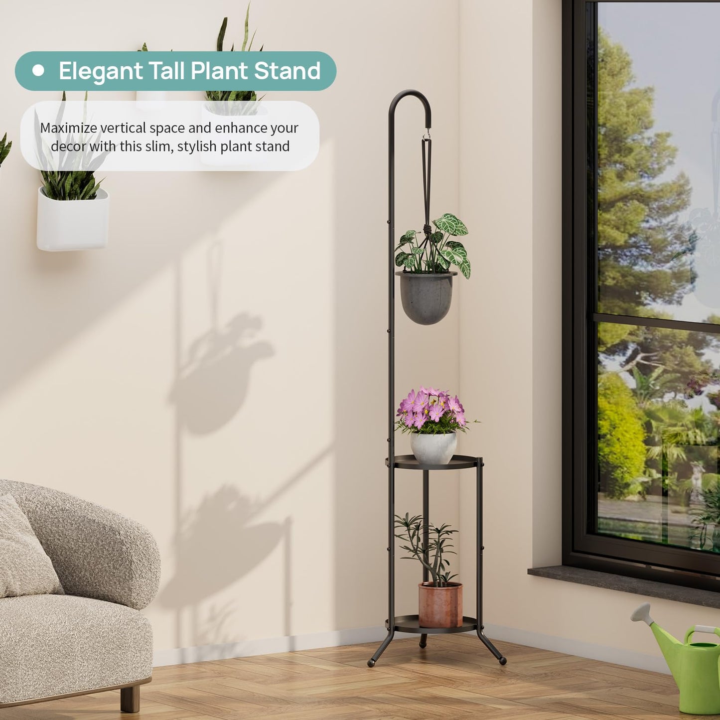 2-Tier Hanging Plant Stand, Black Heavy Duty Metal Planter Rack - Space Saving Indoor/Outdoor Shelves with 41" Hanging Space - Display Multiple Flower Pots, Tall Iron Plant Organizer for Living Room, Patio & Garden