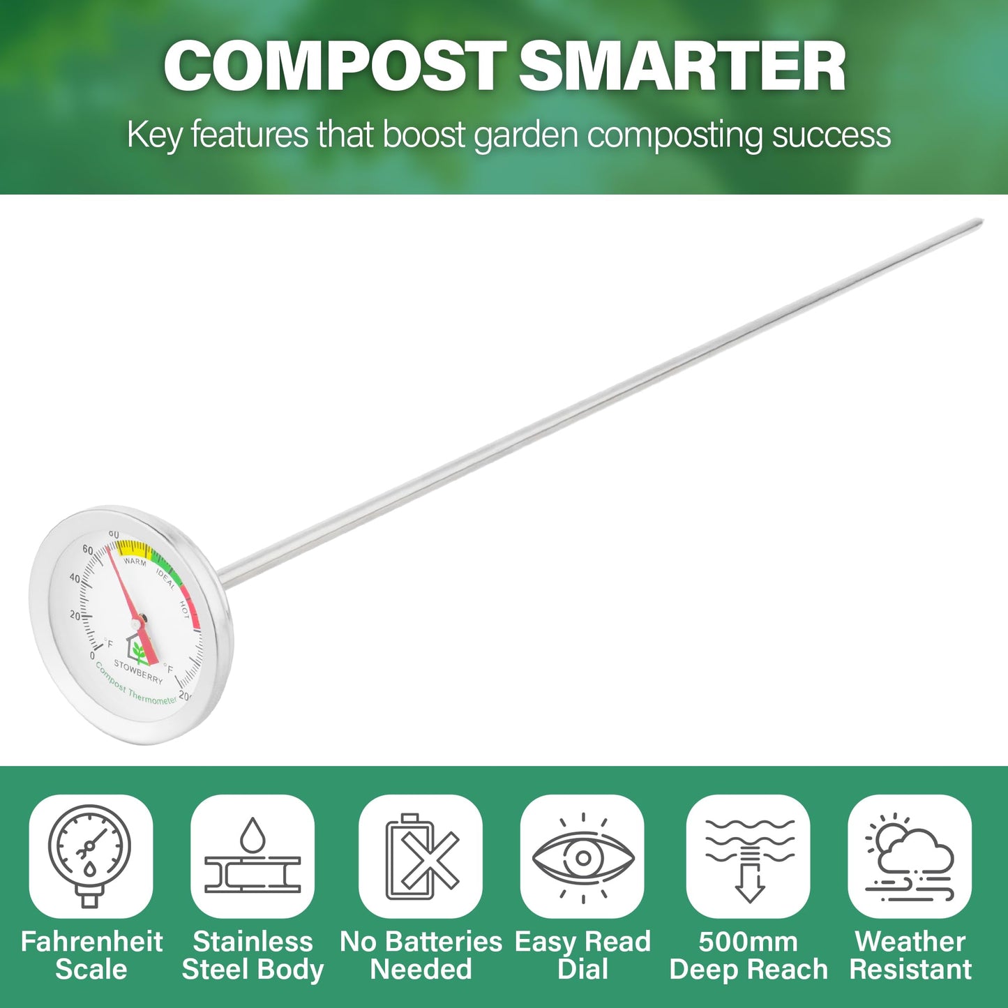 Compost Thermometer 20 Inch – Stainless Steel Soil Temperature Gauge with 2 Inch Dial – Long Probe Thermometer for Garden, Backyard, and Home Composting