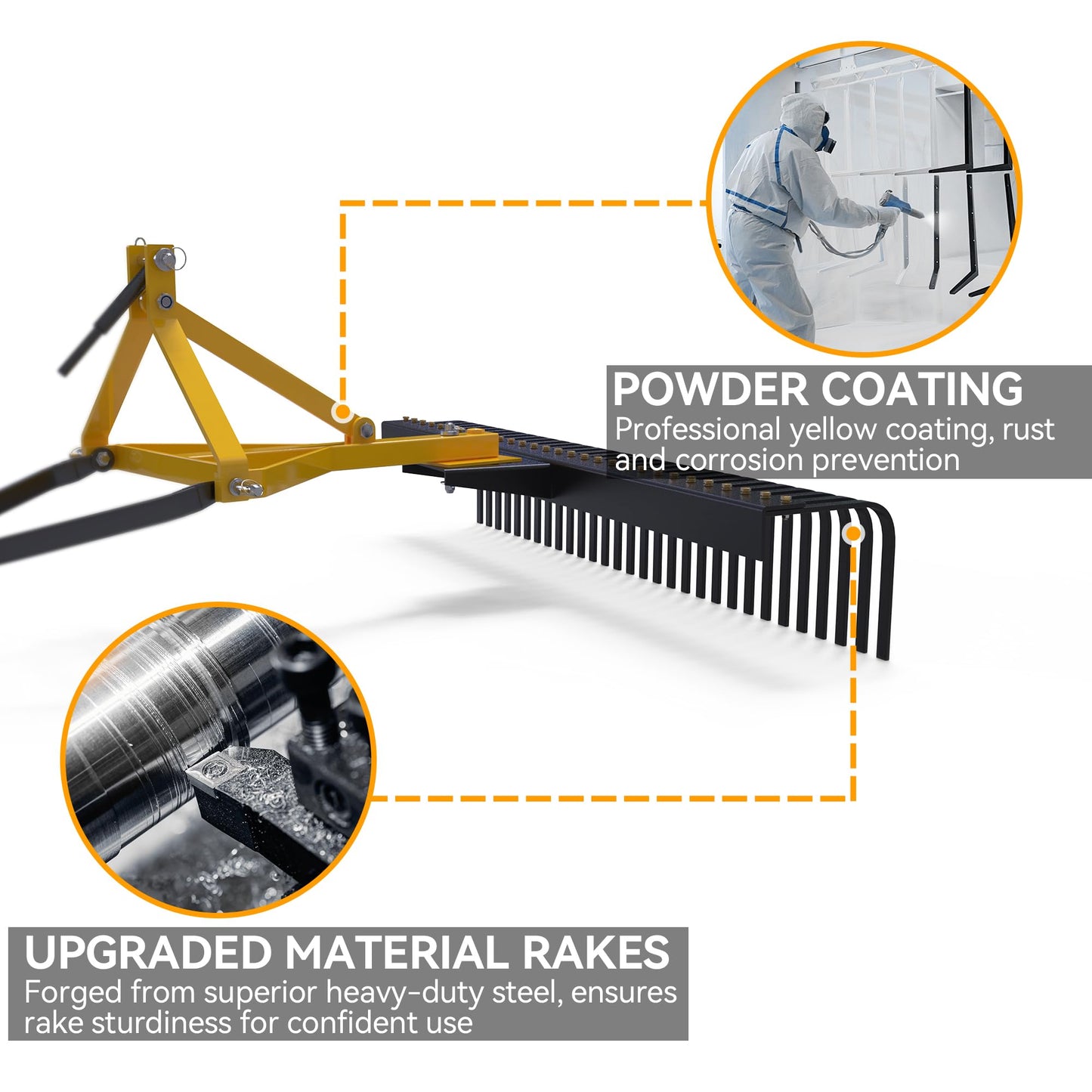 YINTATECH 60 inch Landscape Rake Tractor Attachments, 3 Point Hitch Rock Rake for Category 1, Tractor Tow-Behind Rake with 360 Degree Rotation for Garden Driveway Collecting Gravels Leaves Branches