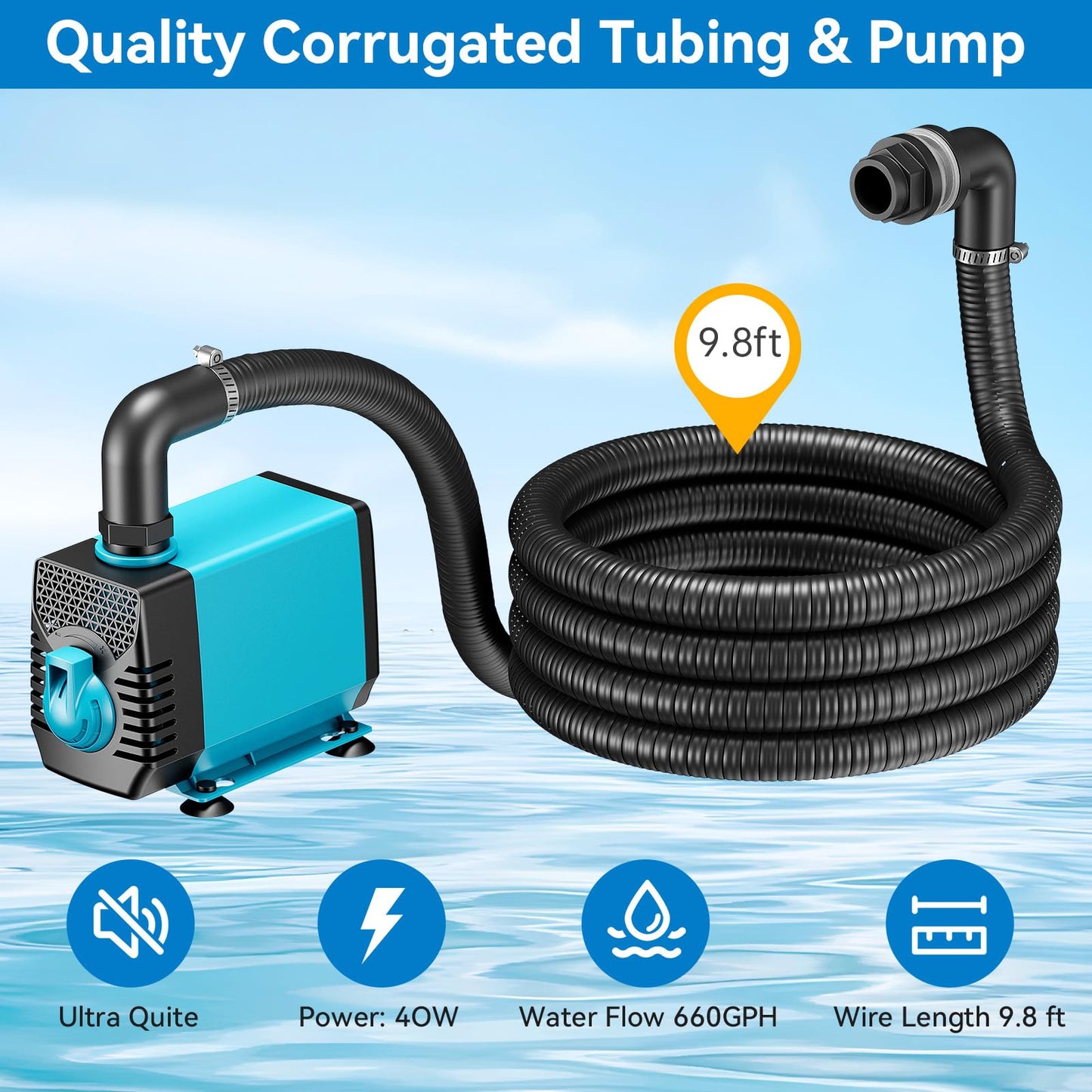 POPOSOAP Pond Waterfall Spillway with Pump Kit, 304 Stainless Steel Pond Waterfall Box, Pond Spillway with 9.8FT Corrugated Tubing for Garden Waterfall Water Features-8Inch-P42