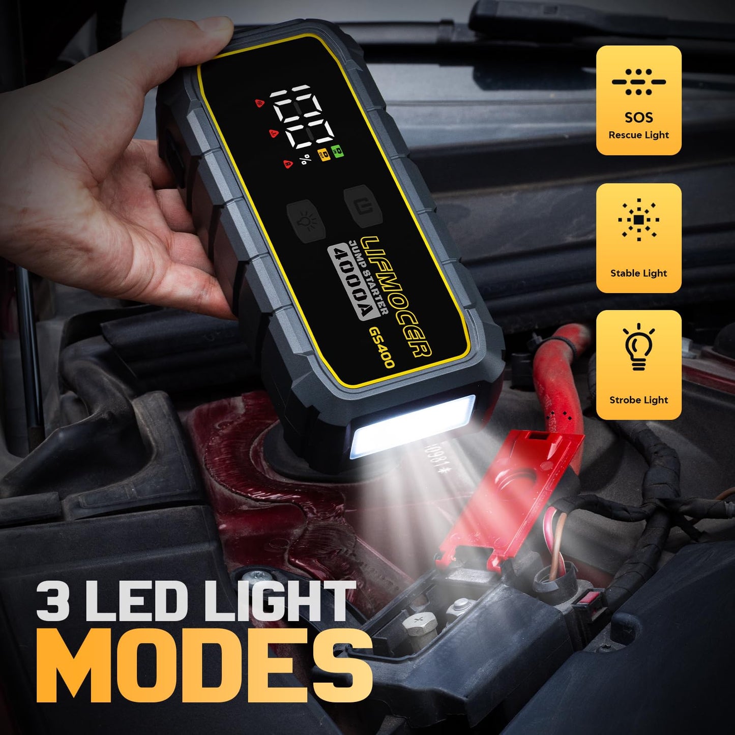 LIFMOCER GS400 Jump Starter - 4000A Car Battery Jump Starter for Up to 12.0L Gas and 10.0L Diesel Engines, 12V Portable Jump Box with Storage Case USB Quick Charge, and LCD Display