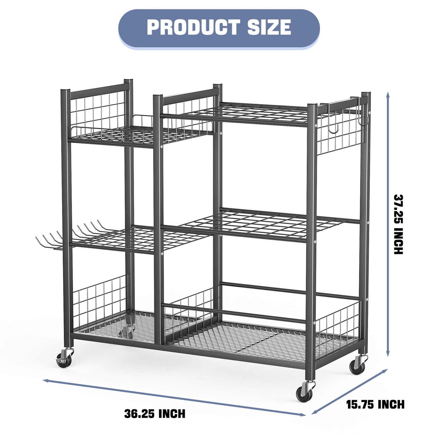 WALMANN Large Garden Tool Organizer with Wheels for Garage, Rakes/Shovels/Yard Tools Storage Stand for Yard, Garden, Indoor/Outdoor Long-Handled Tools Rolling Cart(Tool stand with shelves)