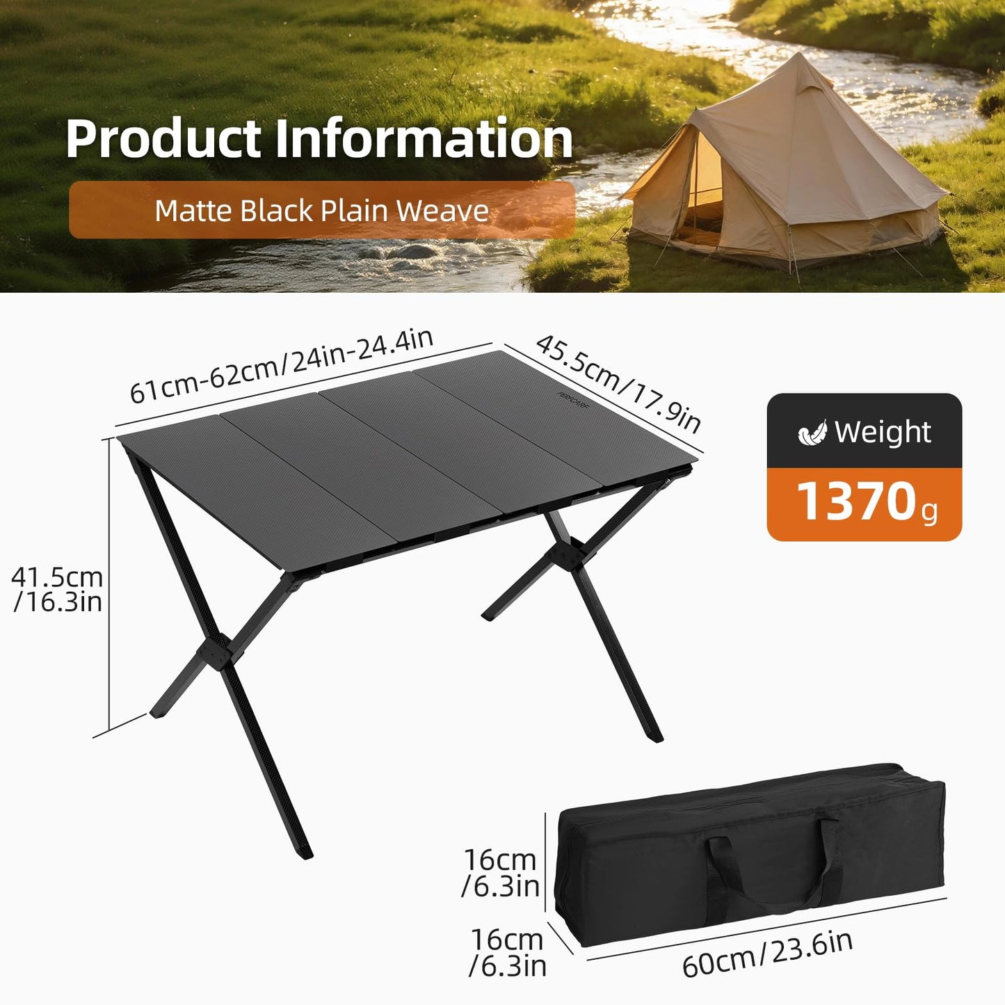 Perfcarf All Carbon Fiber Camping Table，Tactical Table， Outdoor Camping Folding Table, Convenient for Traveling,Picnic, Camping, BBQ, Party, Backyard, Beach (Matte Black Plain Weave)