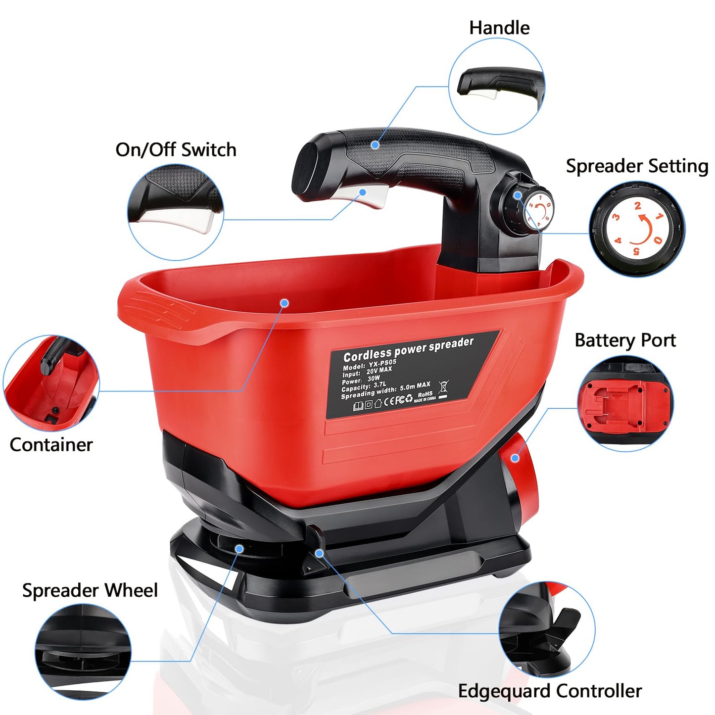 Philophca Salt Spreader Compatible with Milwaukee 18V Lithium Battery, Seed Spreader Handheld Fertilizer Spreader Power Spreader Available Year-Round, Grass Seeds, Rock Salt (Battery not Included)