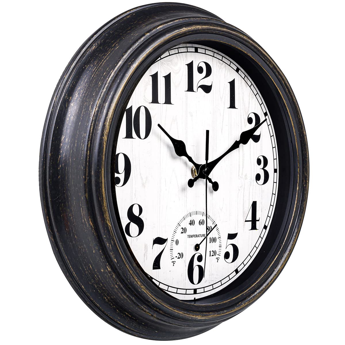 45MinST 12 Inch Indoor/Outdoor Retro Round Waterproof Wall Clock with Thermometer, Silent Non Ticking Battery Operated Quality Quartz Wall Clock Home/Patio Decor(Black Gold)