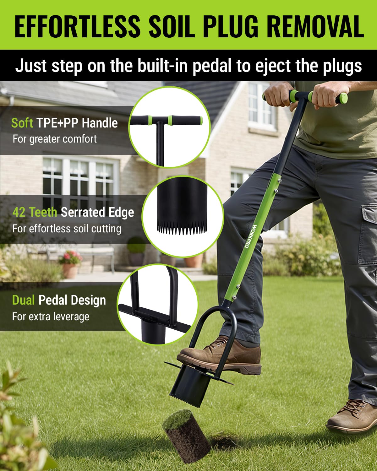 WORKPRO 36" Bulb Planter Tool, Long Handle Sod Plugger, Grass Plugger Tool with Serrated Base, Dual Pedals, Garden Tool for Planting, Transplanting, Weeding, Digging Holes for Tulips, Daffodils