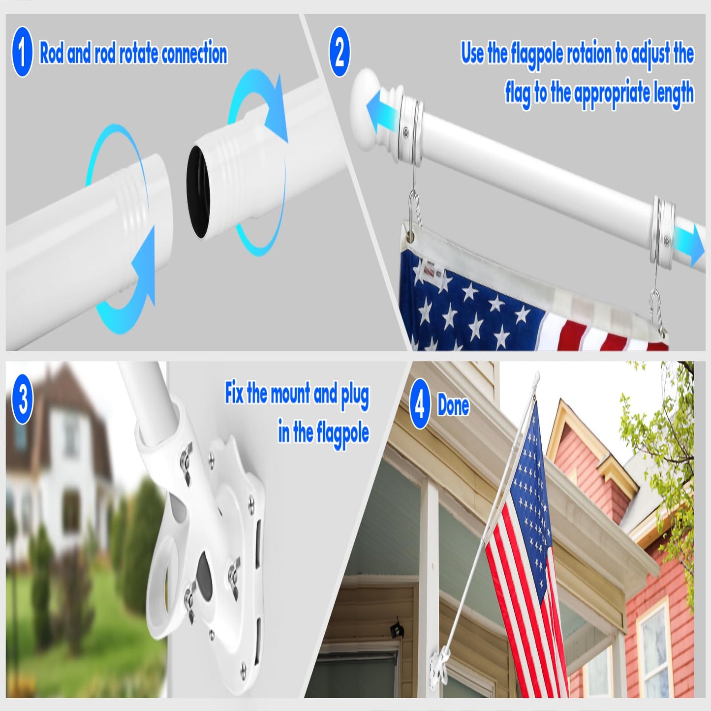 Anovo Flag Pole Kit- Upgraded Holder, Stainless Steel 7 FT Flag Poles with1 Inch Metal 360° Rotating Flag Pole Rings Two-Position Flag Pole Bracket Mounting for Outside House Porch (7 FT - White)