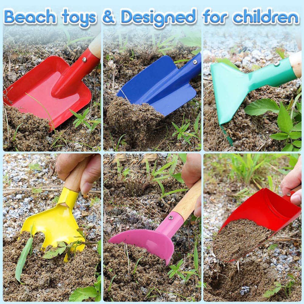 UMUACCAN Beach Toys for Kids,Beach Sand Toys, 8'' Metal Sandbox Toys with Sturdy Wooden Handle,Safe Beach Gardening Set,Spoon, Fork, Trowel, Rake & Shovel for Kids，Snow Shovel（6 pcs）