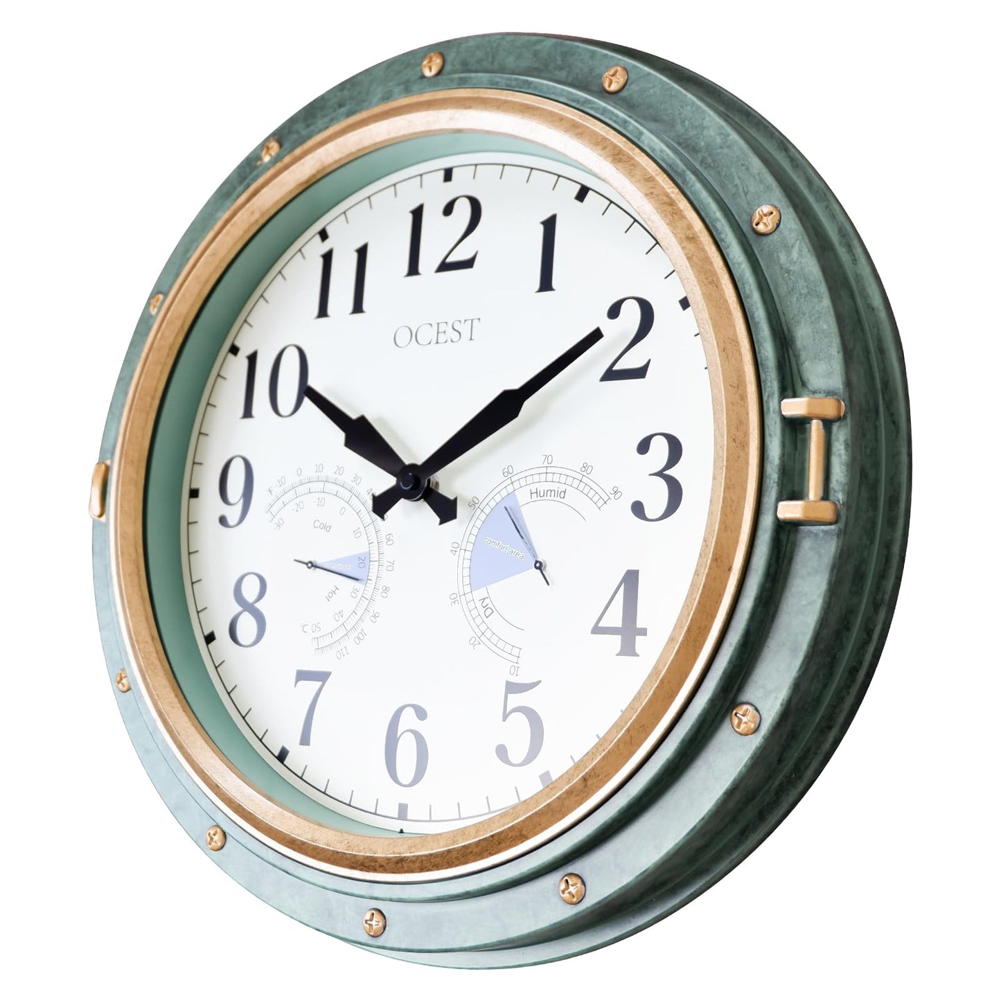 OCEST 16 Inch Indoor Outdoor Clock, Waterproof Wall Clock with Thermometer Hygrometer, Silent Non-Ticking Battery Operated Decor for Home Decor, Patio(Retro Green)