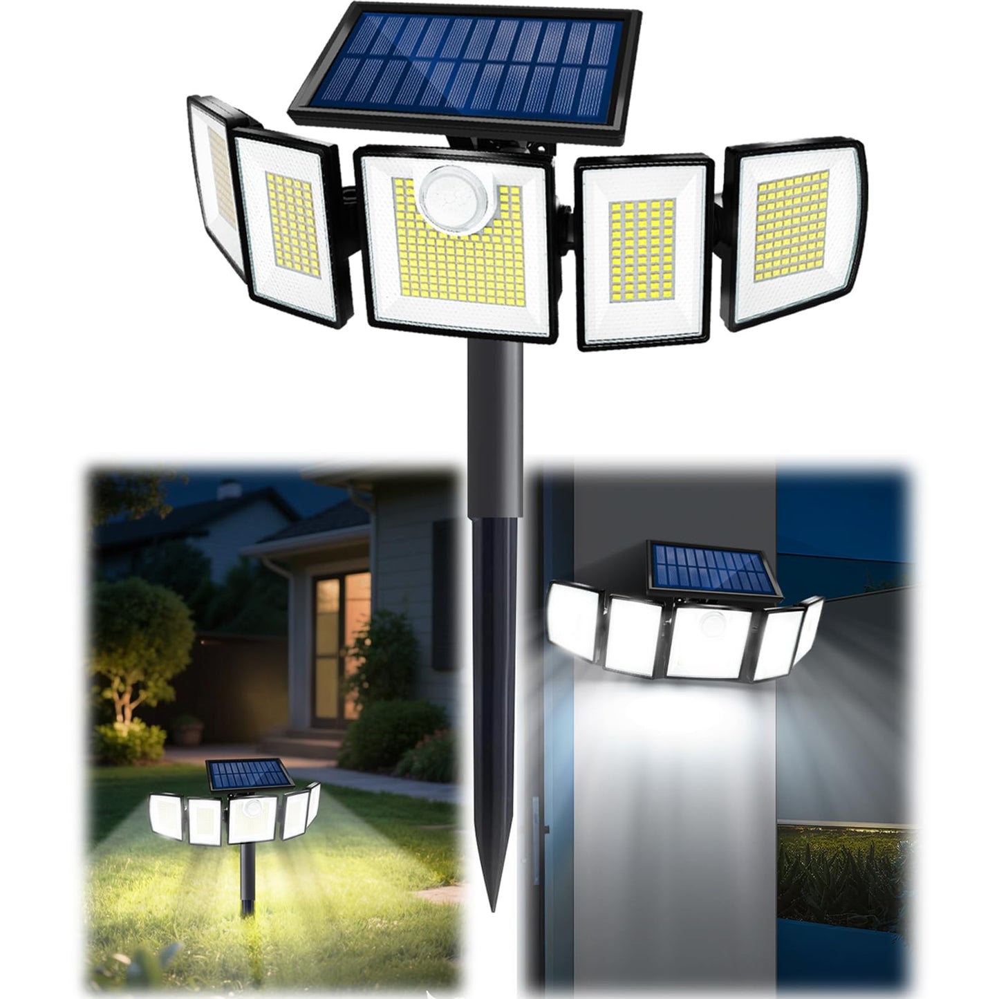 MDCMDCM Solar Lights Outdoor Waterproof Motion Sensor - 416 LEDs 3000 Lumens Super Bright 3 Brightness 3 Modes 2400mAh 360° Illumination 32ft Solar Flood Security Light for Outside (with Stakes, 1)