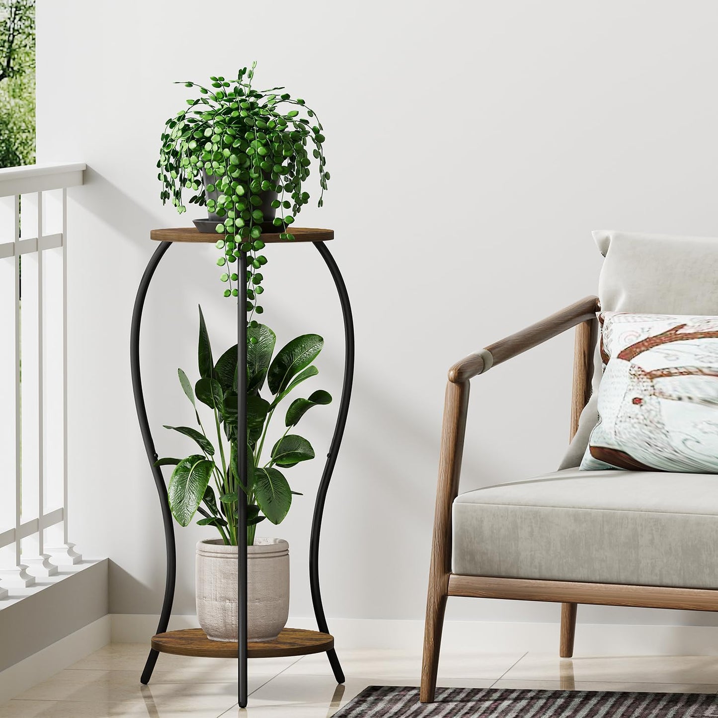 VYUOL Plant Stand Indoor, 2 Tier Round Tall Plant Stand, Flower Pot Stand, Plant Shelf Rack, Corner Plant Stand for Planter Garden Balcony Patio Living Room, Retro