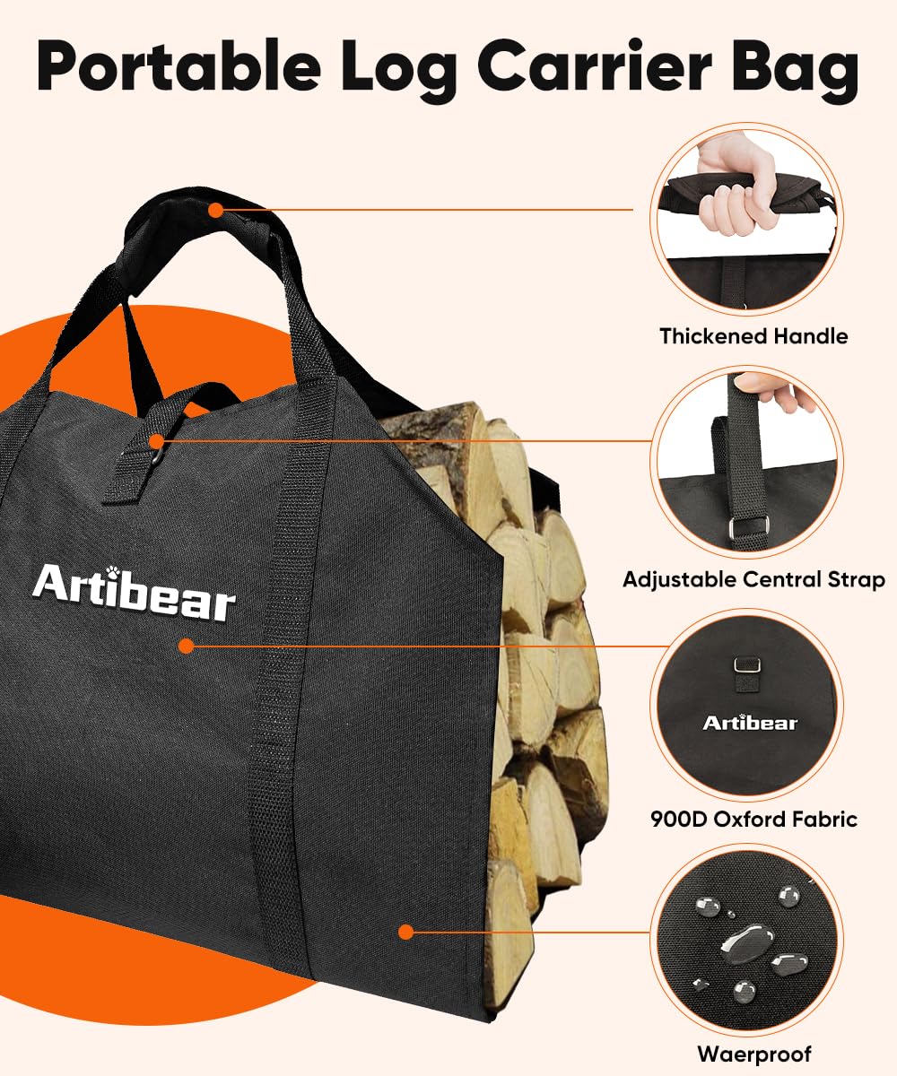 Artibear 28 Inch Firewood Rack with 900D Canvas Log Carrier Bag, Outdoor Indoor Log Holder for Fireplace, Heavy Duty Fire Wood Log Stand, Wood Pile Stacker Storage Organizer Tool for Patio Deck, Black