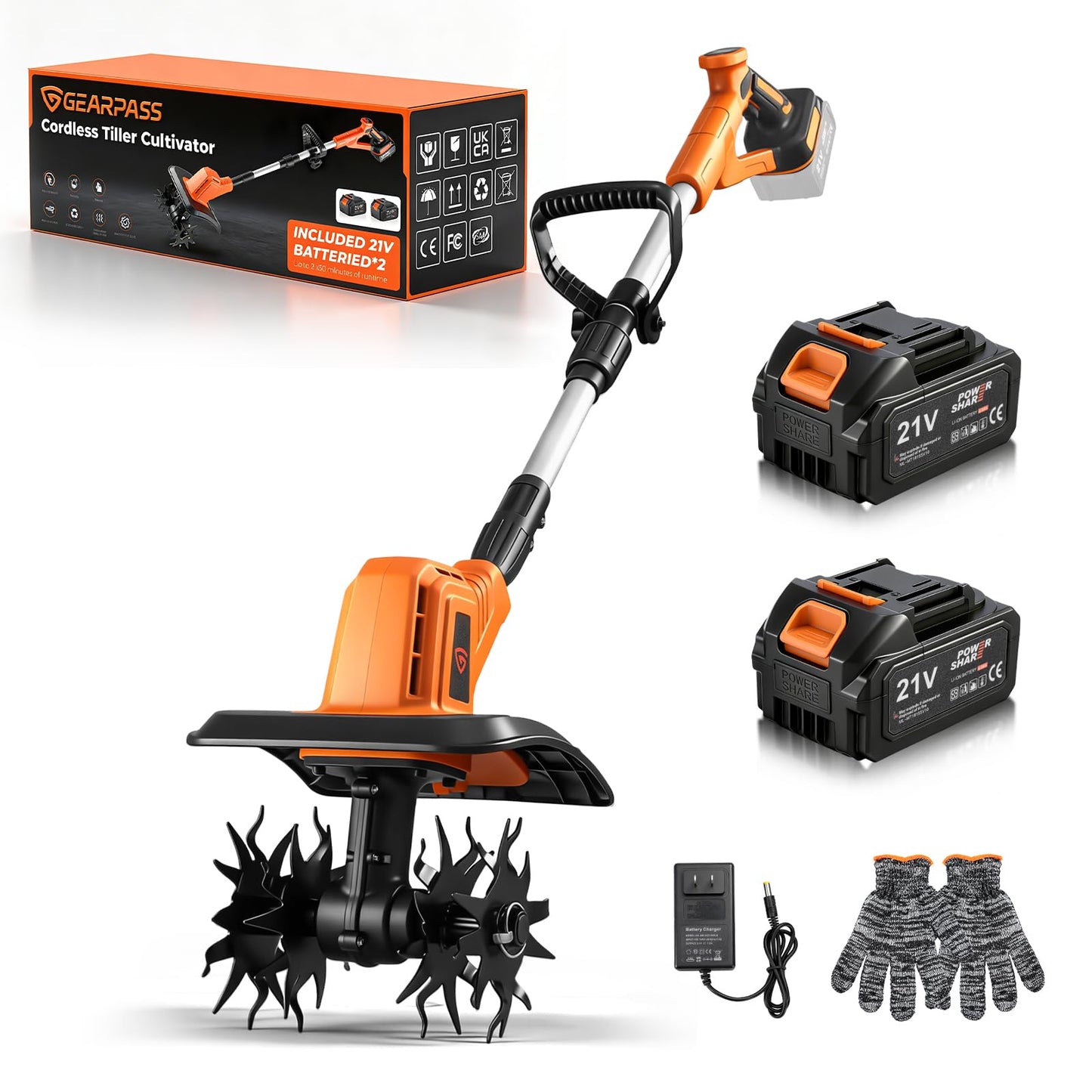 GEARPASS Cordless Electric Tiller Cultivator, 21V Battery Powered Garden Tiller with 2×4.0Ah Batteries, 9″ Tilling Width & 6.6″ Depth, 360RPM 48 Rust-Resistant Blades for Soil & Gardening