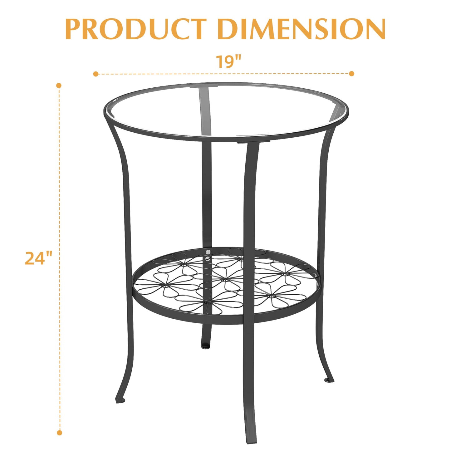 DDK 2-Tier Round Side Table with Tempered Glass Top & Decorative Floral Metal Shelf, Outdoor End Table for Patio Balcony, Indoor Accent Table for Living Room Bedroom
