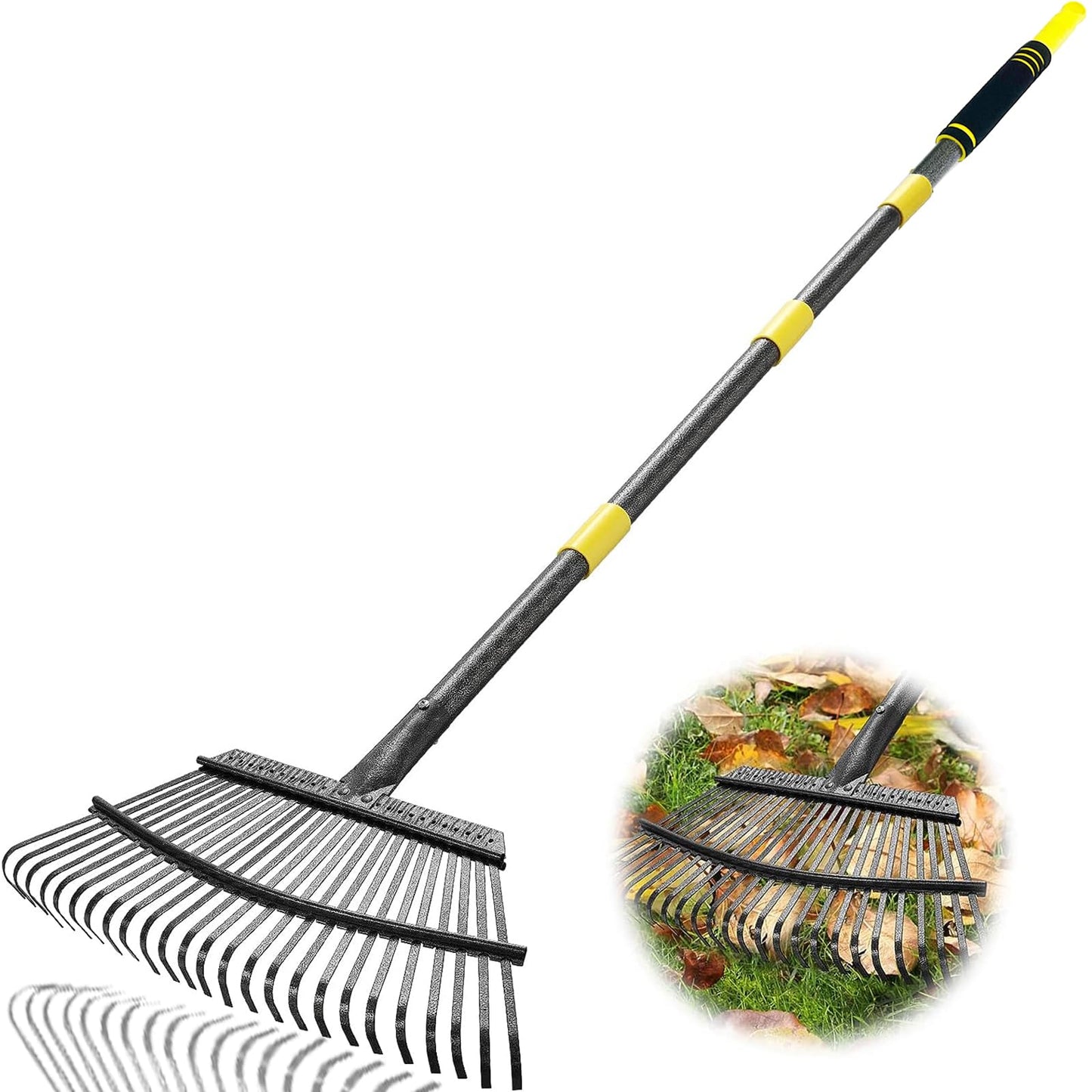 Coopvivi Garden Leaf Rakes, 6FT Rake for Lawns Heavy Duty 25 Metal Tines 18.5 inch Wide, Adjustable Steel Handle, Rakes for Leaves, Gathering Shrub, Grass, Yard