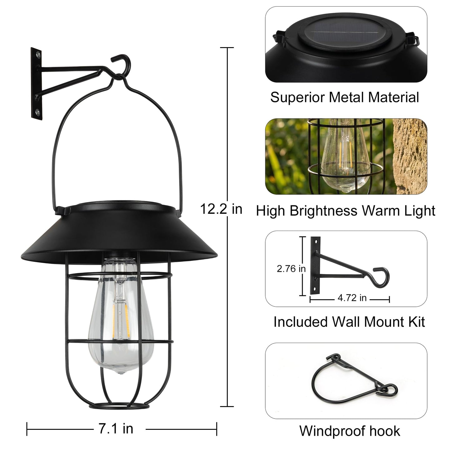 Livinlarge Solar Lanterns Outdoor Waterproof,Hanging Solar Lights for Outside with Wall Hooks Windproof Hook,Retro Metal Outdoor Lanterns Auto On/Off for Porch,Patio,Garden,Yard Decor 2 Pack（Black）