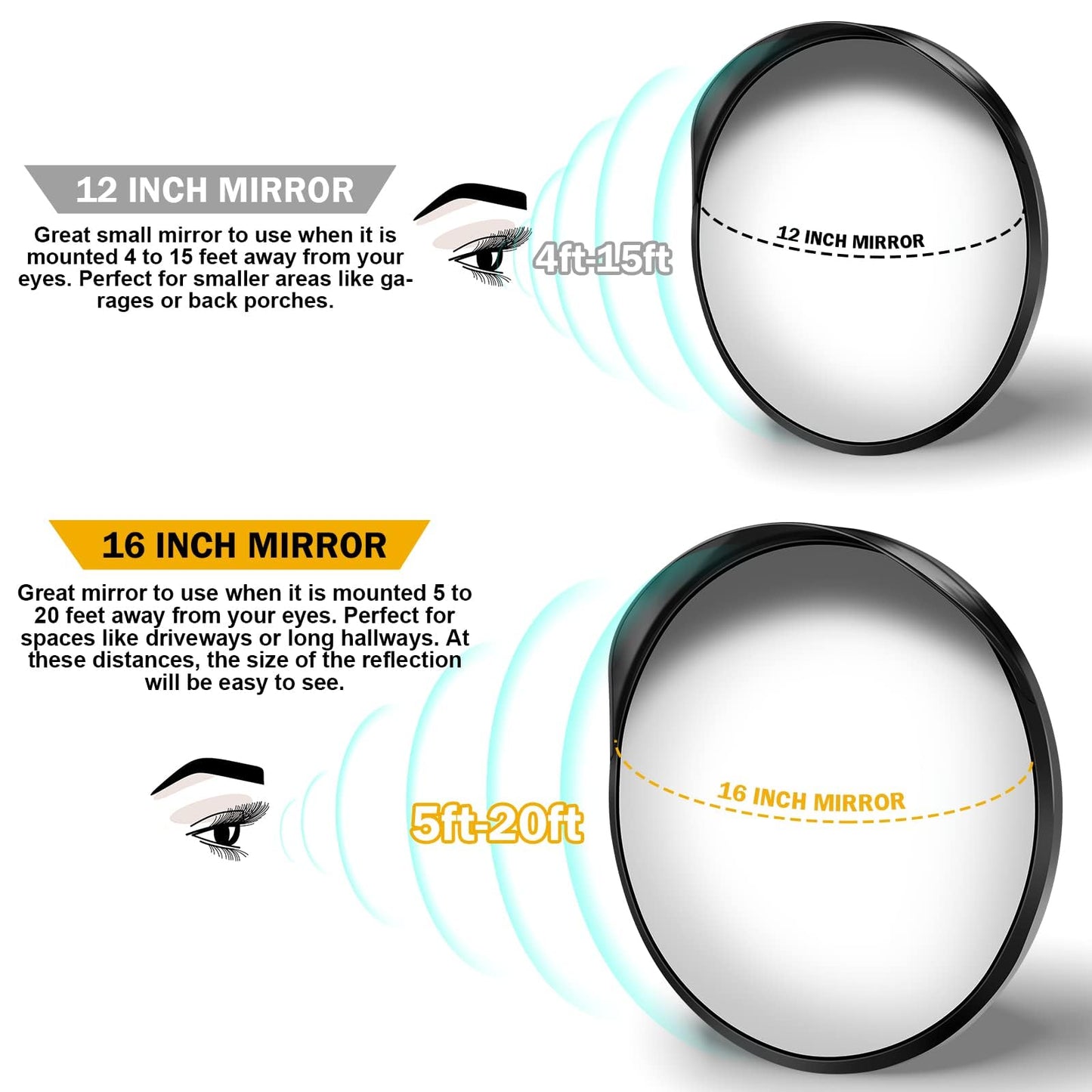 Angooni 16" Convex Driveway Mirror, Upgrade Wide Angle View, Adjustable Blind Spot Mirror, Traffic Mirrors, Security Mirrors Indoor and Outdoor, Parabolic Safety Mirrors