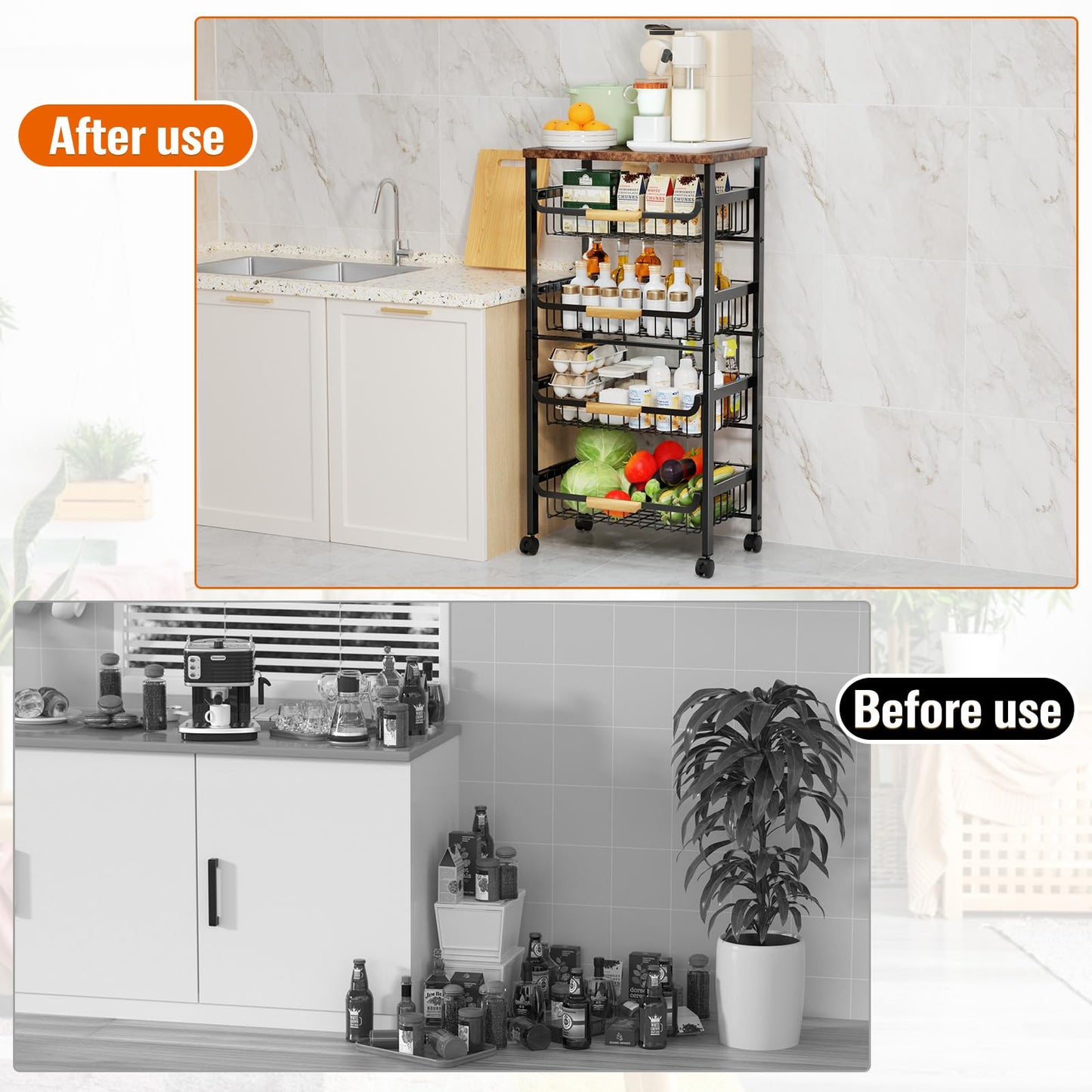5-Tier Rolling Utility Cart, Kitchen Storage Cart with Wheels, Large Capacity Utility Cart with Wooden Tabletop & Mesh Baskets for Kitchen, Bathroom, Laundry Room