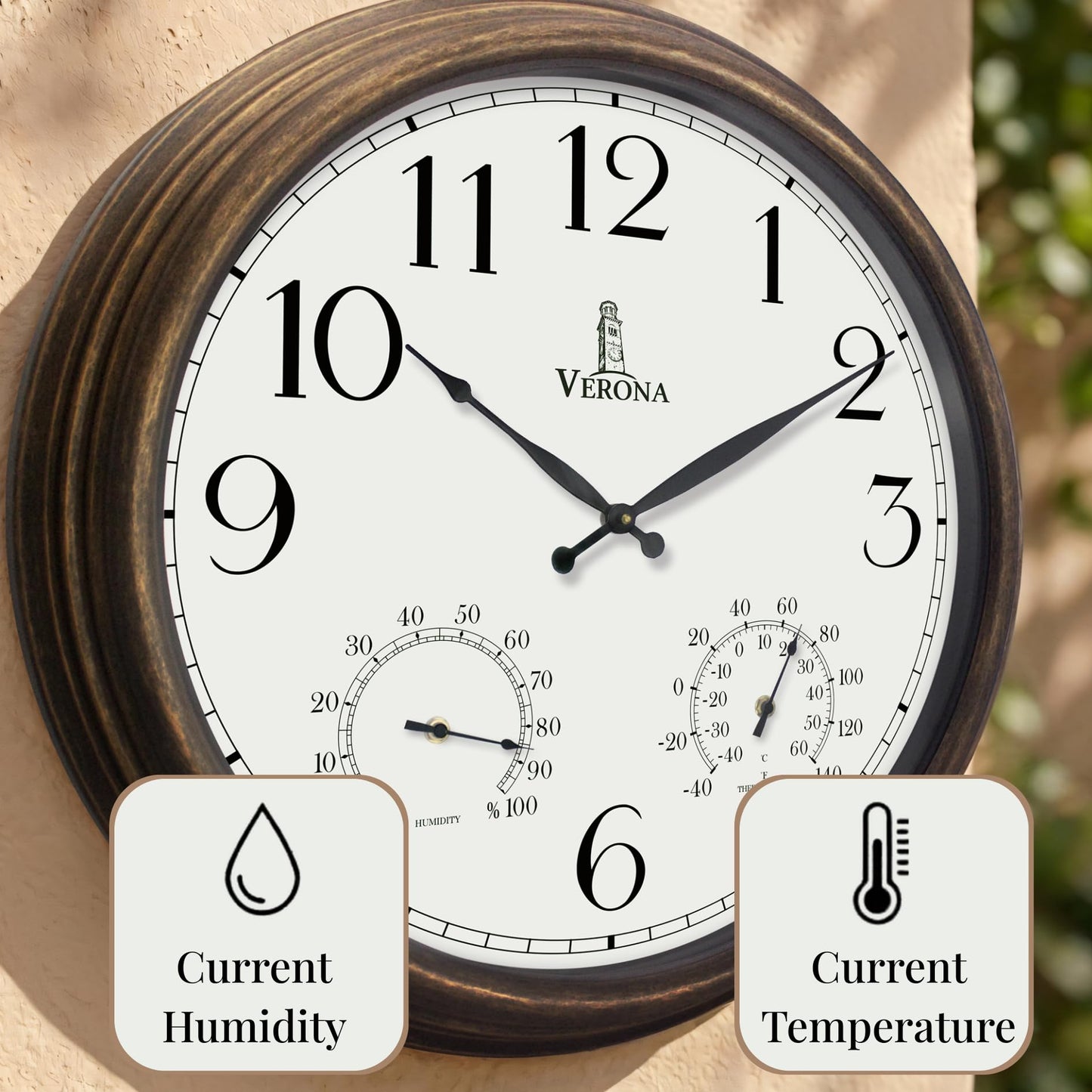 Outdoor Clocks for Patio Large Waterproof with Thermometer - 18 inch Indoor Outdoor Wall Clock with Temperature and Humidity Combo - Weatherproof, Accurate & Easy to Read for Pool, Garden & Home Decor