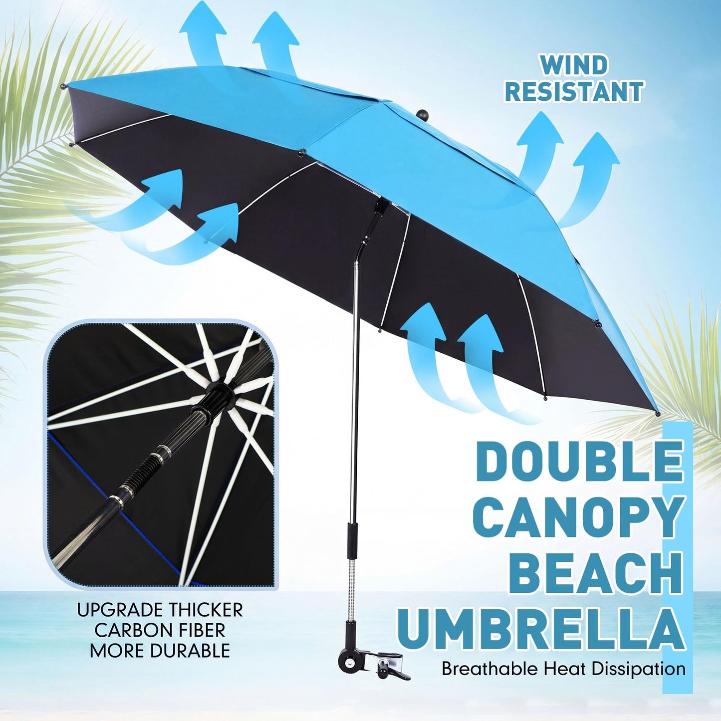 Nuanchu 2 Pcs 49" Double Canopy Beach Umbrellas with Clamp Upf50+ Beach Chair Umbrella with Clip 360 ° Adjustable Portable Outdoor Wheelchair Patio Golf Carts Camping Stroller Fishing(Sky Blue)