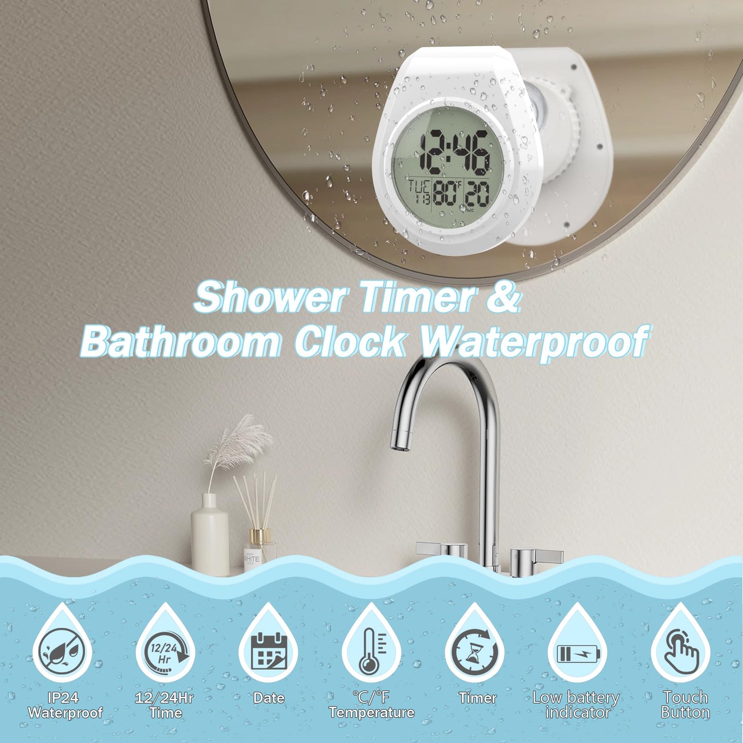 Yariaii Shower Clock with Timer Waterproof, Digital Bathroom Clock with Countdown, Temperature, Date, Week, Second, Suction Cup, Wall Hanging, for Mirror, Pool, Bath, Kitchen, Battery Operated, White