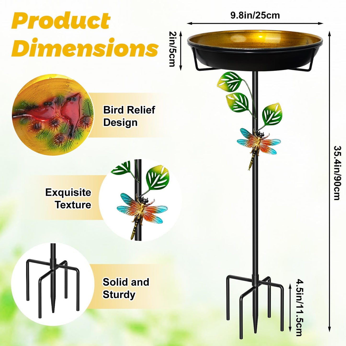 35.4In Metal Bird Bath for Outside, Freestanding Garden Birdbaths & Birdfeeder with Upgraded 5 Prongs Base, Bird Baths Feeder Water Bowl for Outdoors Patio Yard Lawn Art Decor (Yellow+Red)