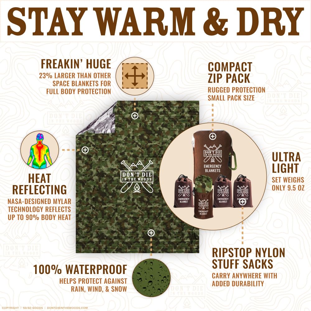 Don't Die In The Woods - Freakin’ Huge Emergency Blankets [4-Pack] Extra Large Thermal Mylar Space Blanket - One of The Ten Essentials Outdoor Survival Gear for Hiking Camping First Aid Kit (Camo)
