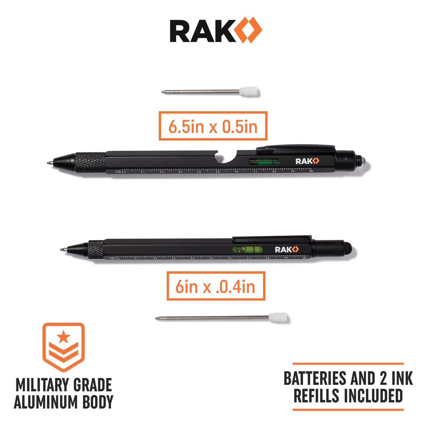 RAK Multitool Pen - Multi-Tool Pen Set 11 in 1, LED Light, Screwdrivers, Level, Ruler, Bottle Opener, and Stylus. Cool Gadgets Gifts for Men, Dad, EDC Tactical Pen Tool, Gift-Ready Box, Pack of 2