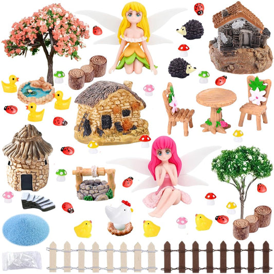 LEISEMK 52 Pcs Fairy Garden Accessories Kit, Miniature Resin Figurines & Micro Landscape Decor with Mini House, Animals, Plants & Ornaments for DIY Outdoor Craft Decoration (Pastoral Style)