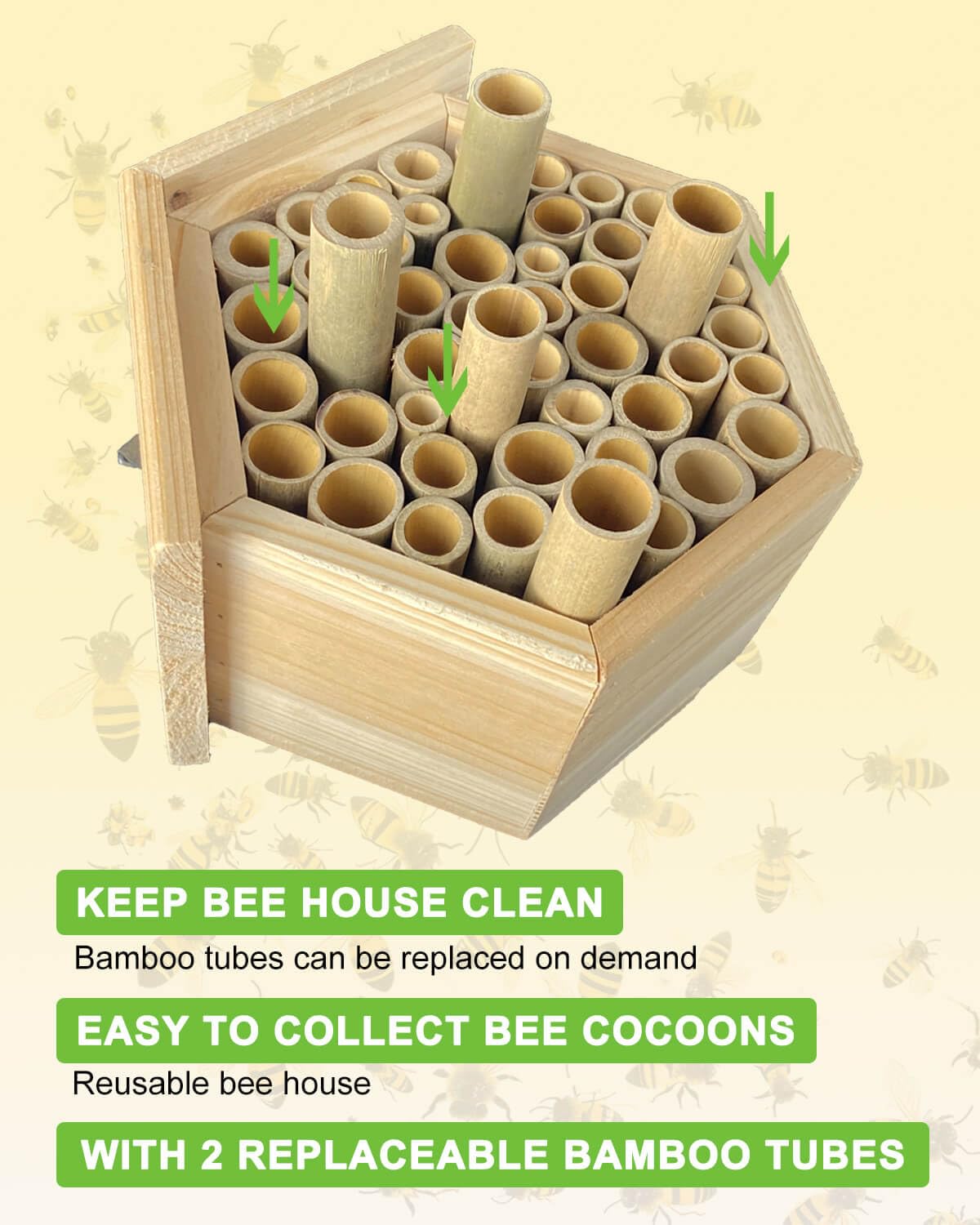 vensovo Mason Bee House - Replaceable Tubes Carpenter Bee Houses Bamboo Bee Hotel Wooden Bee Hive for Pollinating Bees, Outdoors, Carpenter Bees
