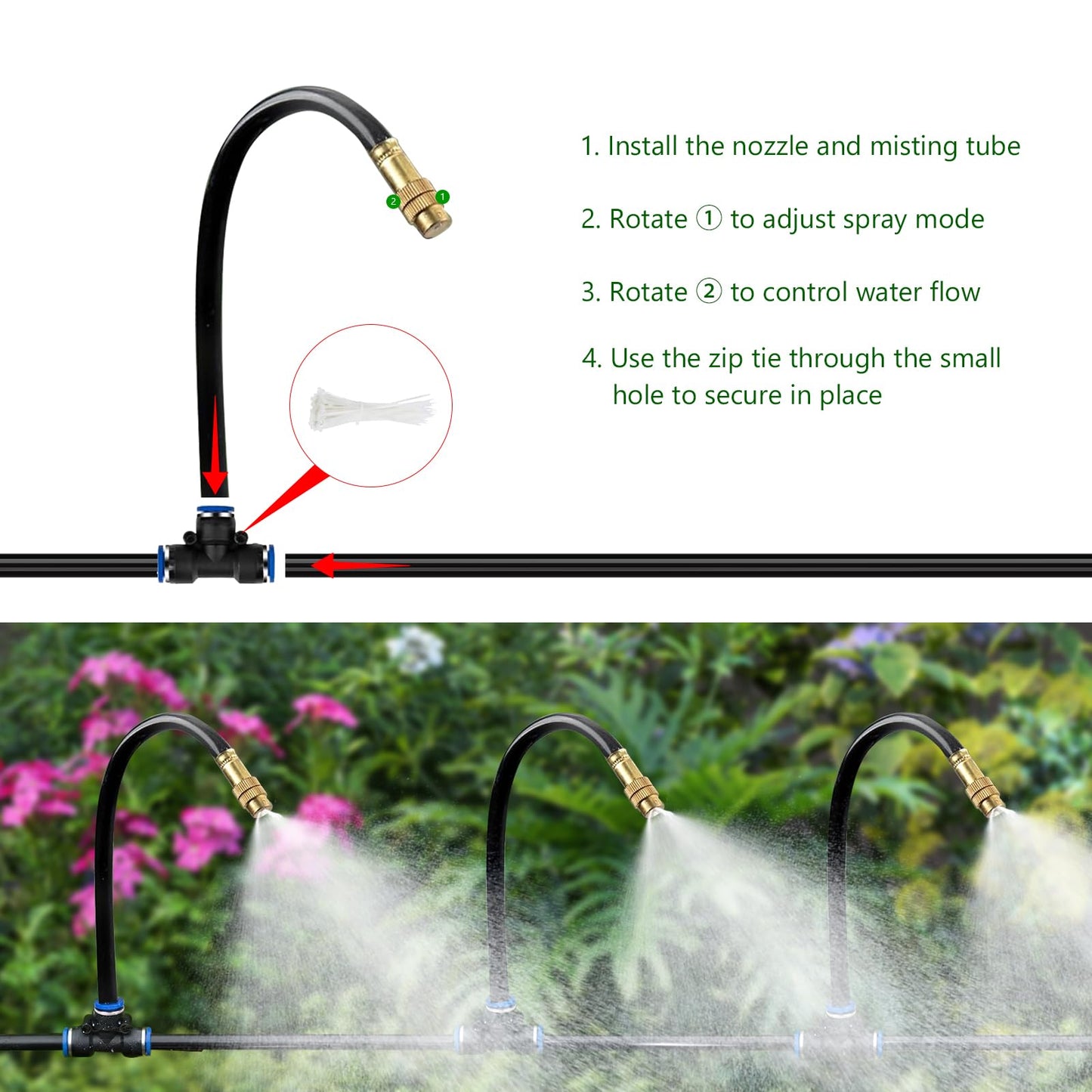 HEKIWAY 60FT Drip Irrigation System for Garden – Automatic Watering Kit with Solid Brass Metal Connectors, 360° Bendable Tubing &16 Adjustable Nozzles for Greenhouse, Lawn, Yard & Plants