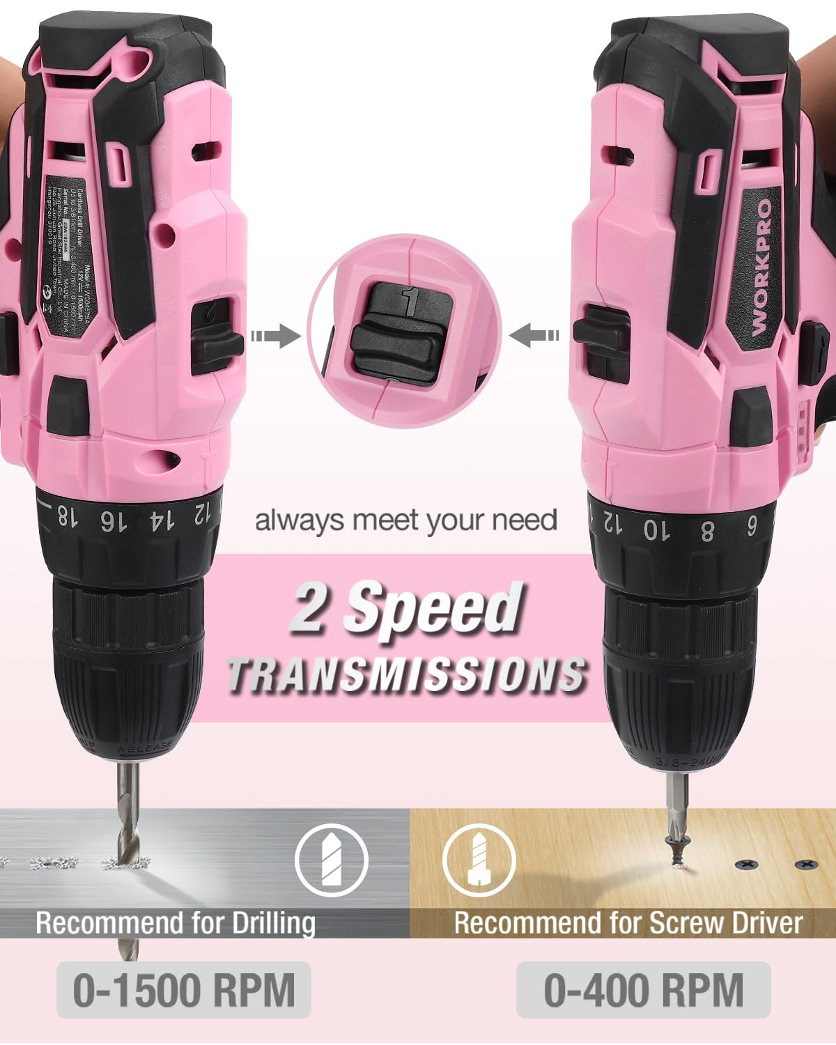 WORKPRO Pink Cordless Drill Driver Set, 12V Electric Screwdriver Driver Tool Kit, 3/8" Keyless Chuck, Charger and Storage Bag Included - Pink Ribbon