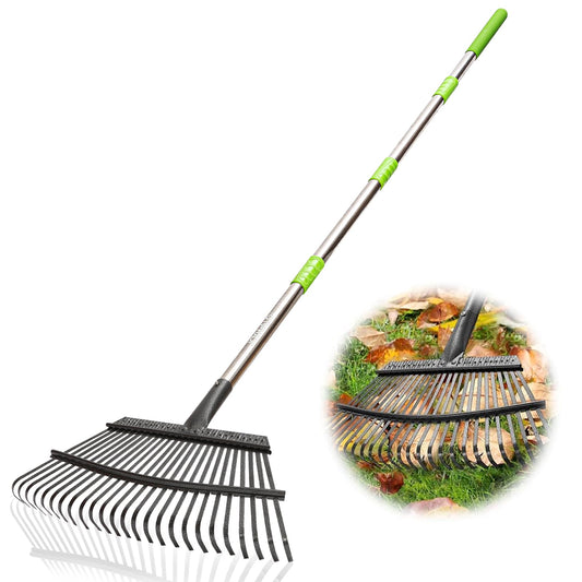 Joyhalo Rake for Leaves Adjustable 65 Inch Long, 18 Inch Wide Garden Rake with 25 Tines, Metal Leaf Rakes, Rakes for Lawns, Gathering Leaves, Weeds, Debris