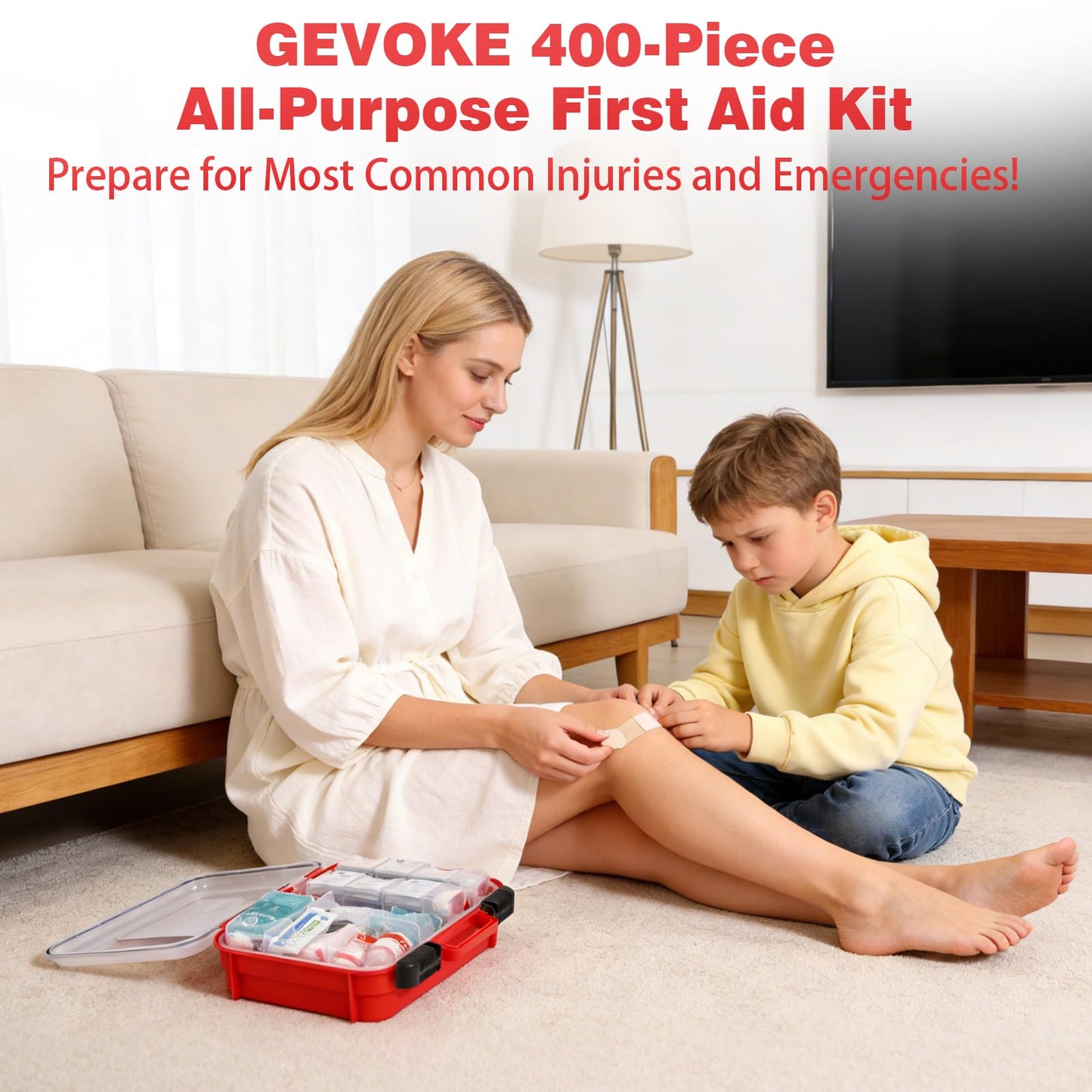 Gevoke 400 Piece First Aid Kit - Organized Dual-Layer Wall-Mountable Hard Case Medical Kit for Home, Car, Camping, Travel, Hiking, Truck, Office, Sports, Vehicle & Outdoor Emergencies