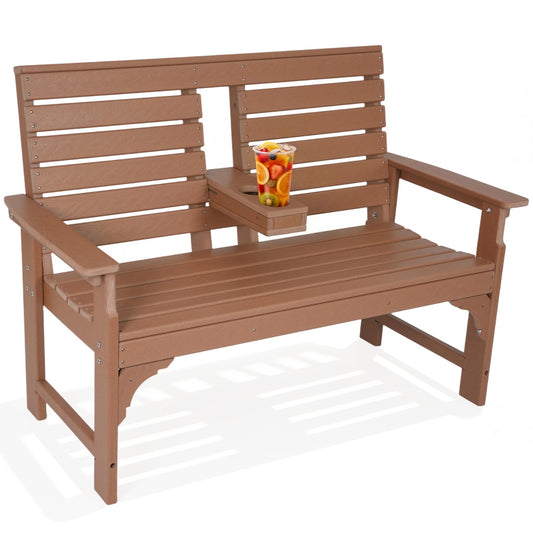 WENTUM Outdoor Bench with Cup Holders, HDPE 2-Person Weatherproof Patio Benches, Fade/Rot Resistance, Garden Bench for Front Porch Backyard Park, Brown